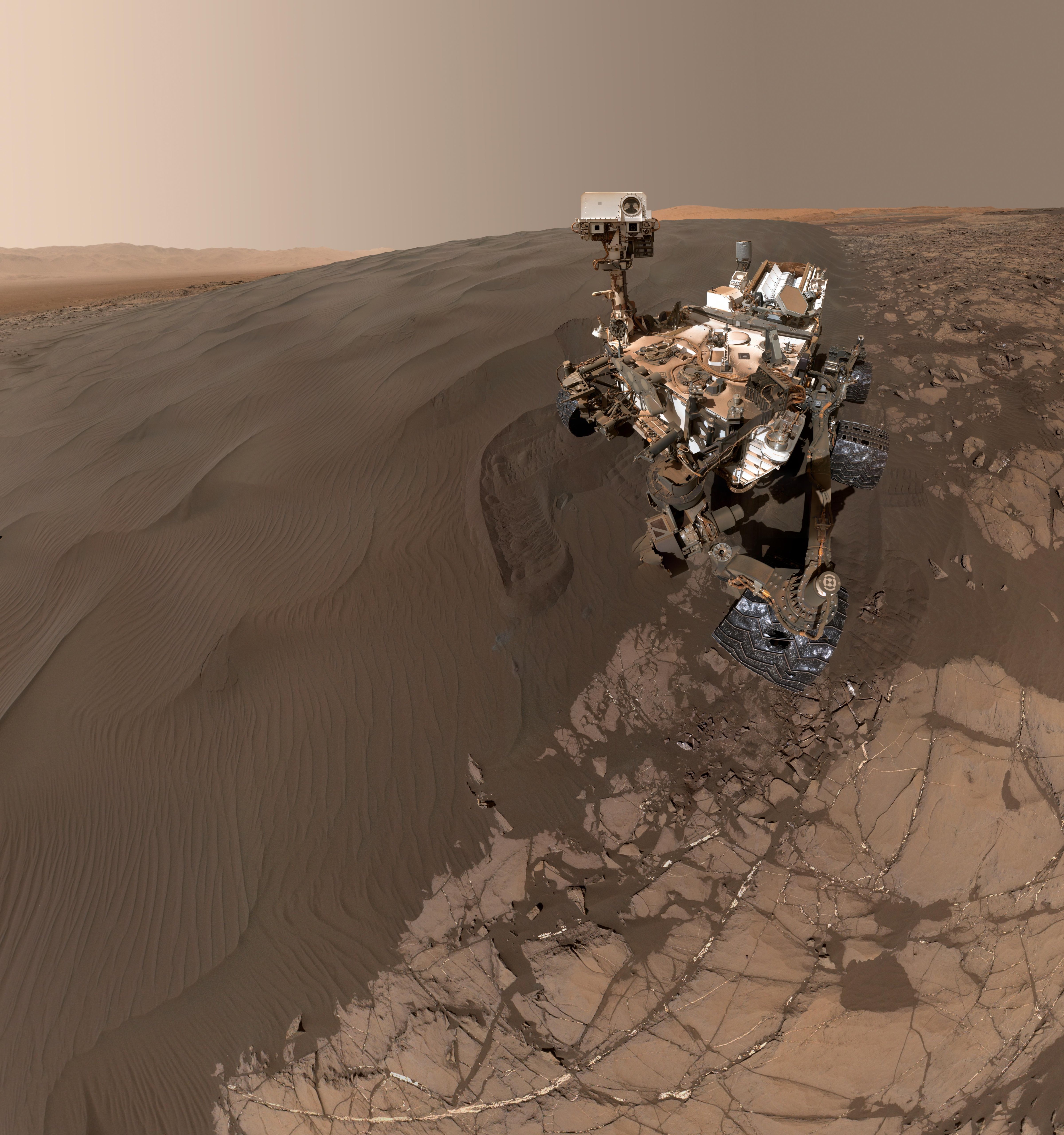 This self-portrait of NASA's Curiosity Mars rover shows the vehicle at "Namib Dune," where the rover's activities included scuffing into the dune with a wheel and scooping samples of sand for laboratory analysis. (NASA/JPL-Caltech/MSSS)