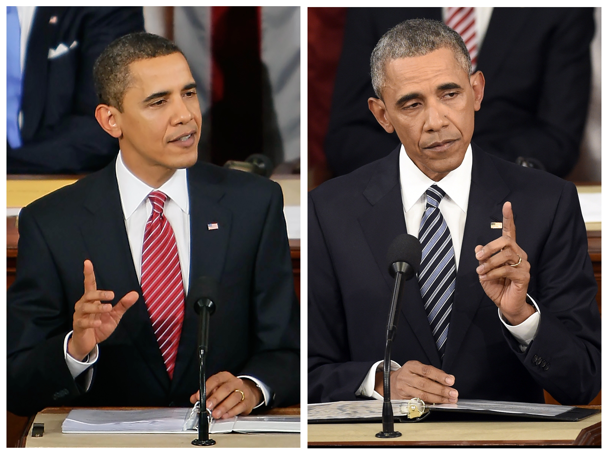 President Barack Obama in his 2009 address to a joint session of congress, left, and in the 2016 State of the Union address, right. (Chuck Kennedy—MCT/Getty Images (L), Saul Loeb—AFP/Getty Images (R))
