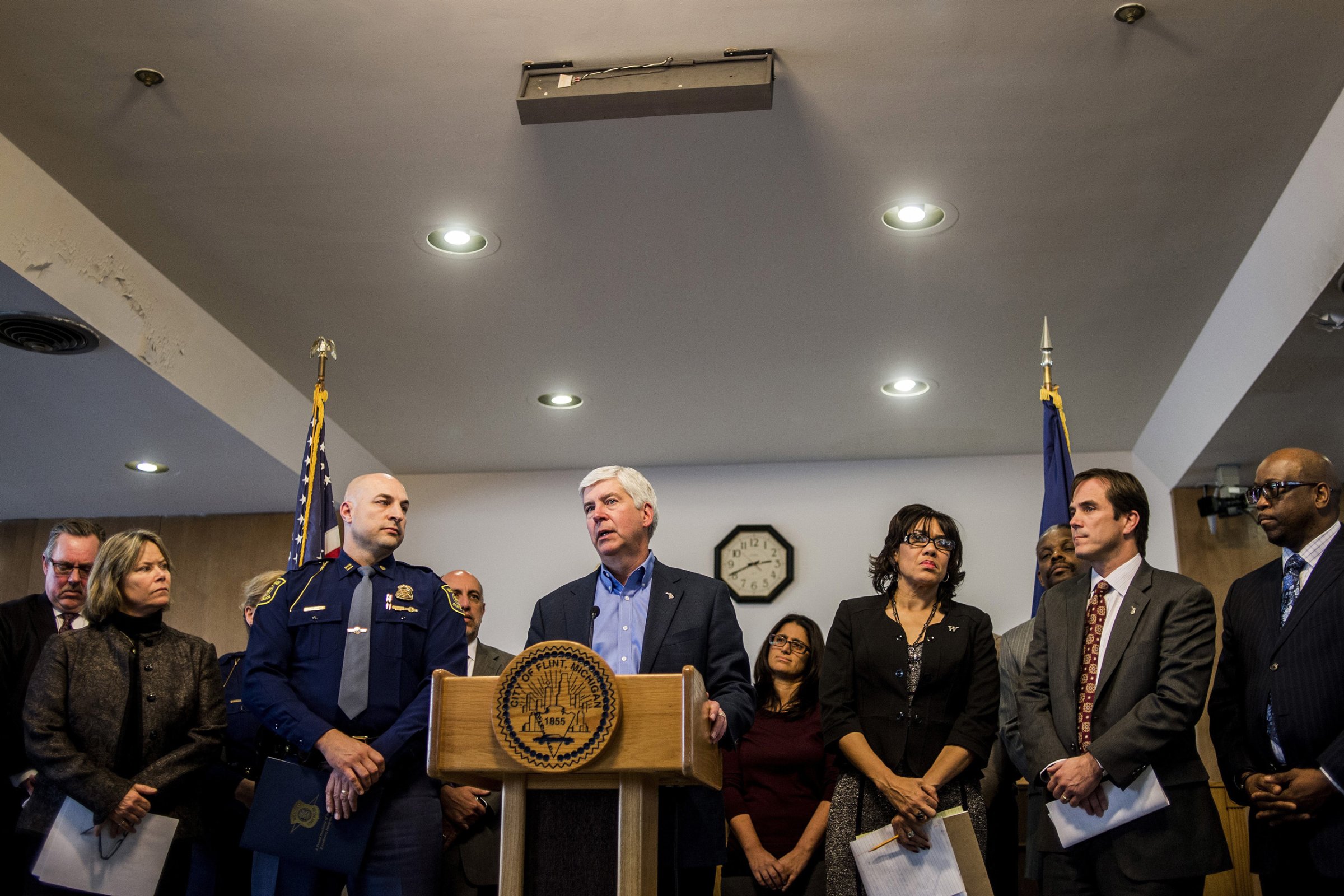 Michigan Gov. Rick Snyder speaks during a news conference in Flint, Mich., Monday, Jan. 11, 2016. Snyder pledged Monday that officials would make contact with every household in Flint to check whether residents have bottled water and a filter and want to be tested for lead exposure while his embattled administration works on a long-term solution to the city's water crisis. (Jake May/The Flint Journal-MLive.com via AP) LOCAL TELEVISION OUT; LOCAL INTERNET OUT; MANDATORY CREDIT