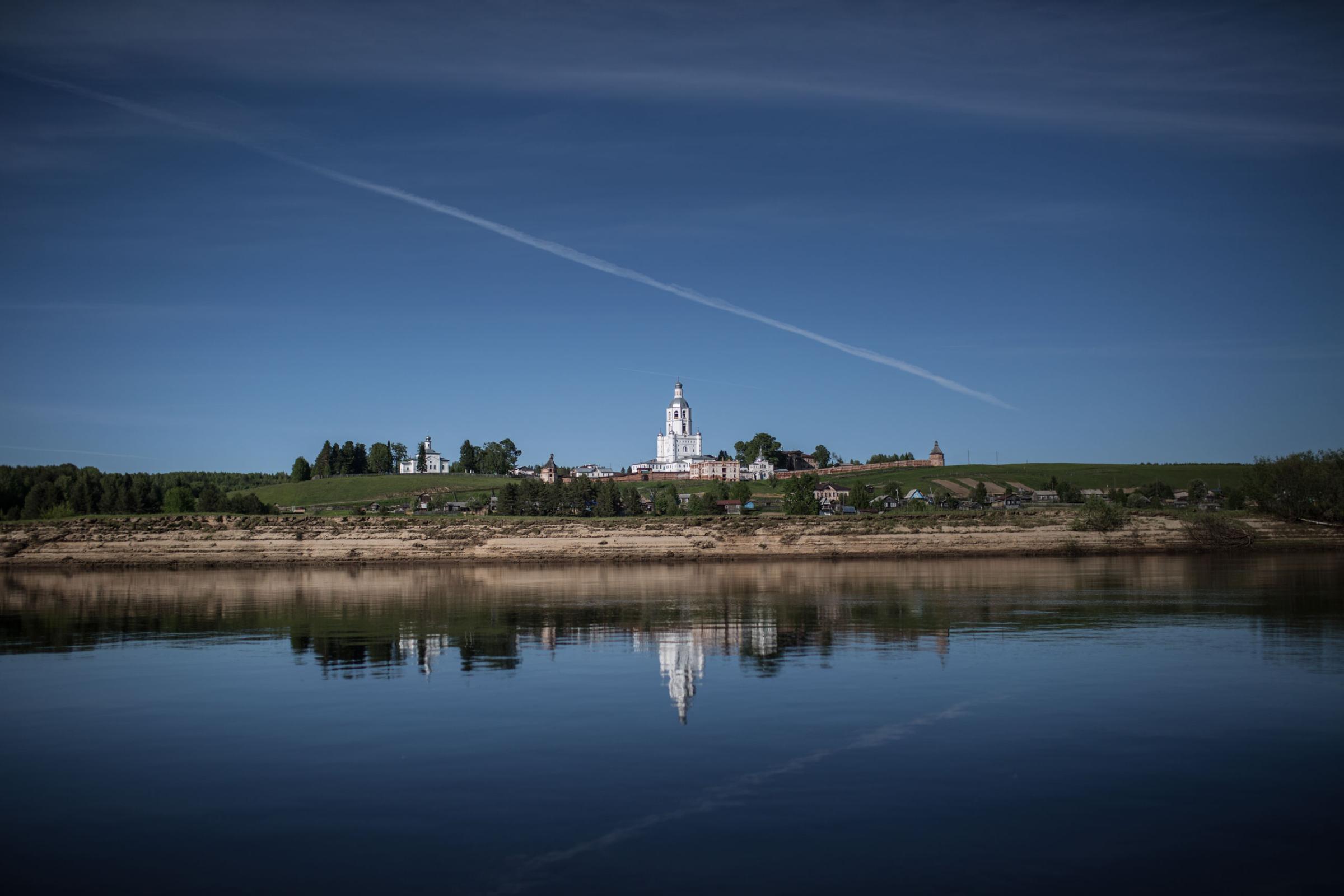 Ulyanovsky monastery, almost destroyed during Soviet time is seen on the Vychegda River.