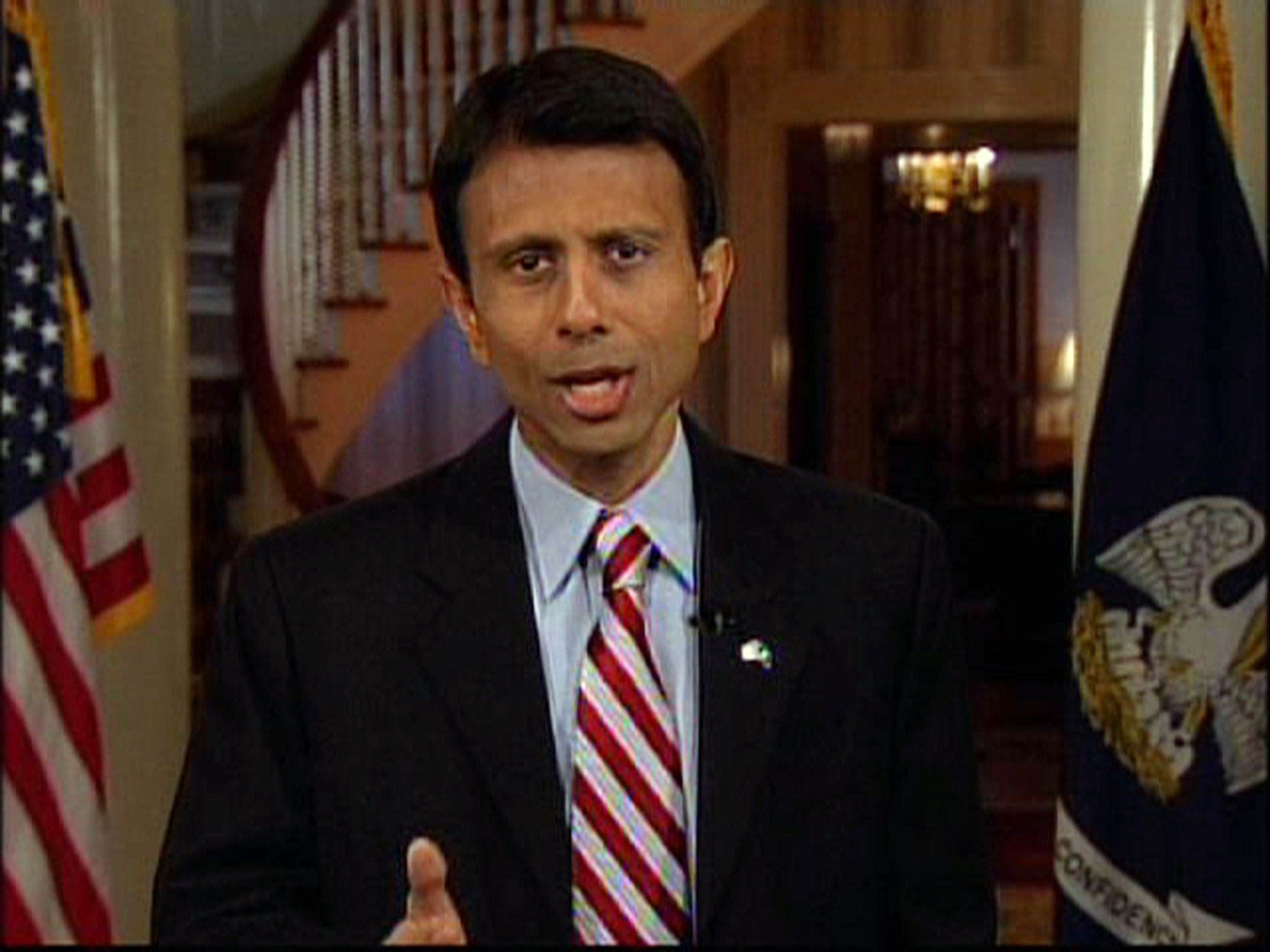 This still from video shows Louisiana Gov. Bobby Jindal in Baton Rouge, La. as he delivers the Republican Party's official response to President Barack Obama's State of the Union address to a joint session of Congress on Tuesday Feb. 24, 2009.