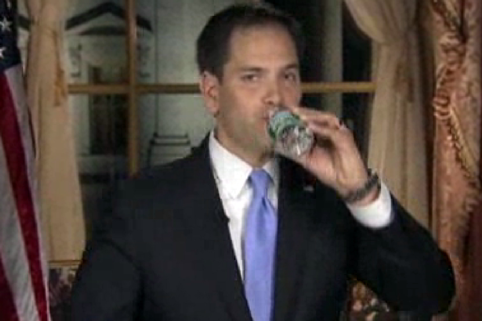 In this still frame made from video, Florida Sen. Marco Rubio drinks water during his Republican response to President Barack Obama's State of the Union address, on Feb. 12, 2013, in Washington.
