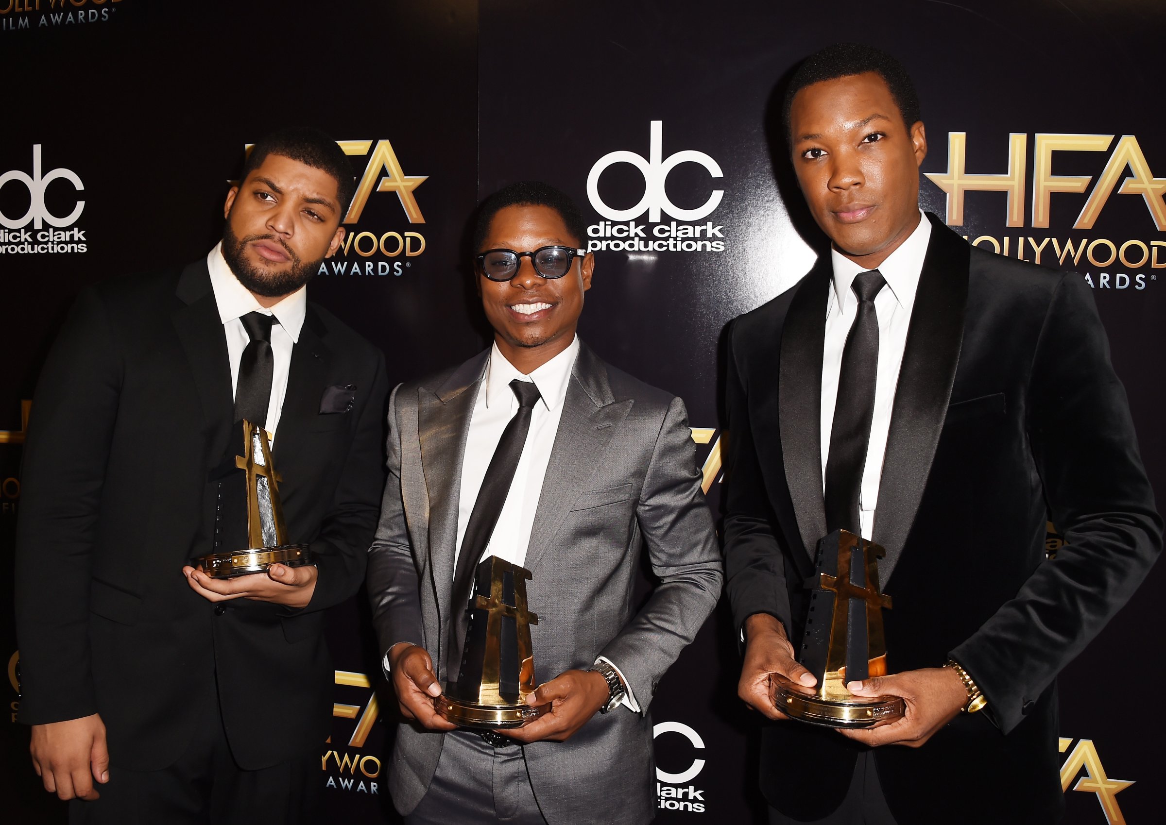 Actors O'Shea Jackson, Jason Mitchell and Corey Hawkins, winners of the Hollywood Breakout Ensemble Award for "Straight Outta Compton," pose in the press room during the 19th Annual Hollywood Film Awards at The Beverly Hilton Hotel in Los Angeles on Nov. 1, 2015.
