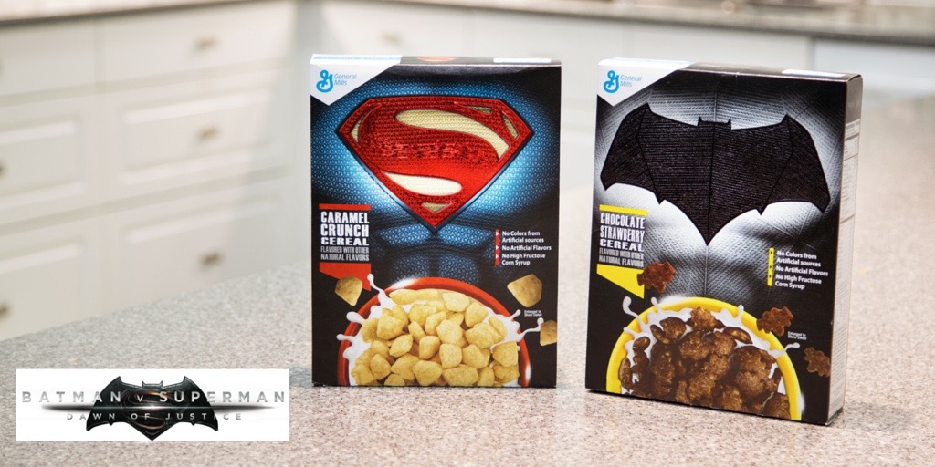 “Superman Caramel Crunch” and “Batman Chocolate Strawberry." (General Mills)