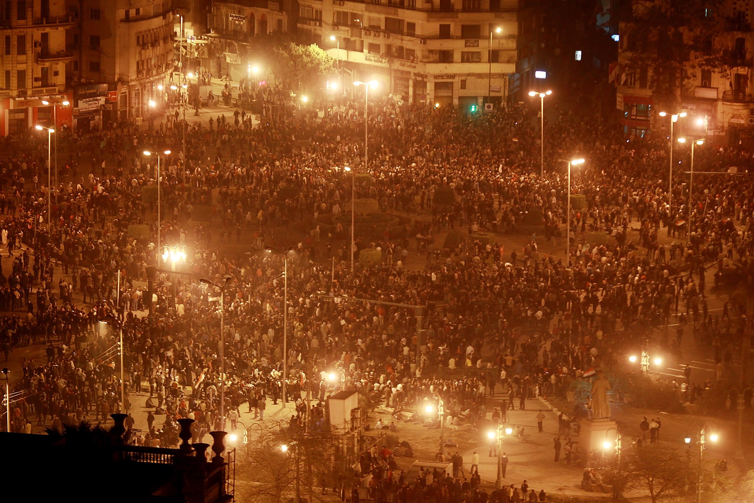Thousands of protestors gathered in Tahrir Square on Jan. 28, 2011 in Cairo, Egypt. Thousands of police were on the streets of the capital and hundreds of arrests were made in an attempt to quell demonstrations.