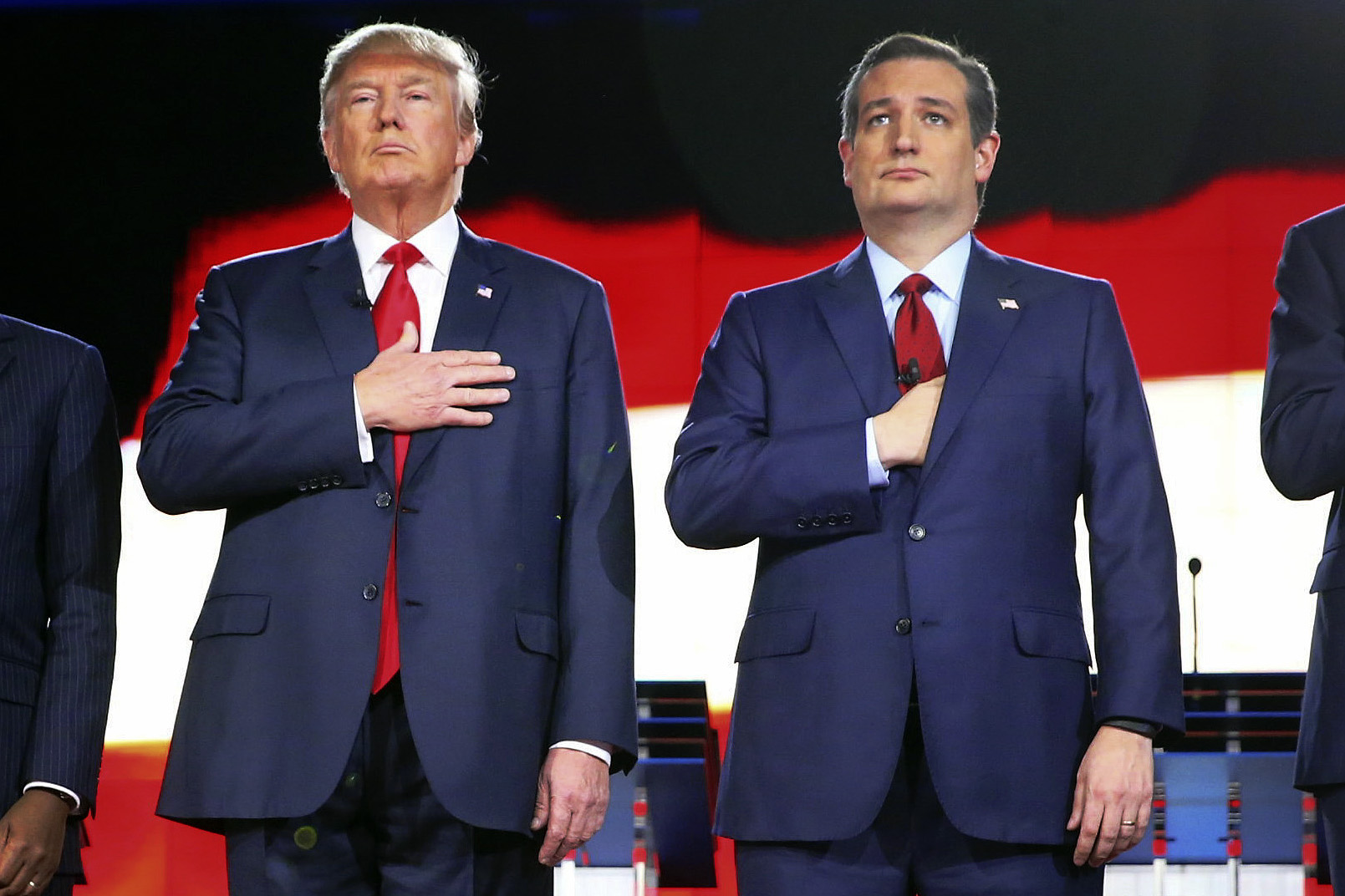 Republican presidential candidates Donald Trump and Texas Sen. Ted Cruz stand during a Republican presidential debate in Las Vegas in December. (Ruth Fremson—Press Pool)