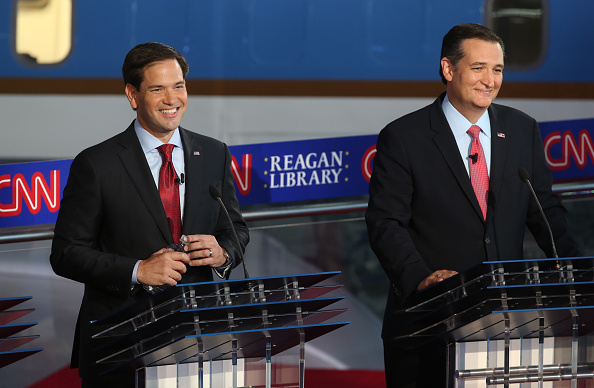 Republican presidential candidate Marco Rubio and Ted Cruz take part in the presidential debates at the Reagan Library on September 16, 2015 in Simi Valley, California.
