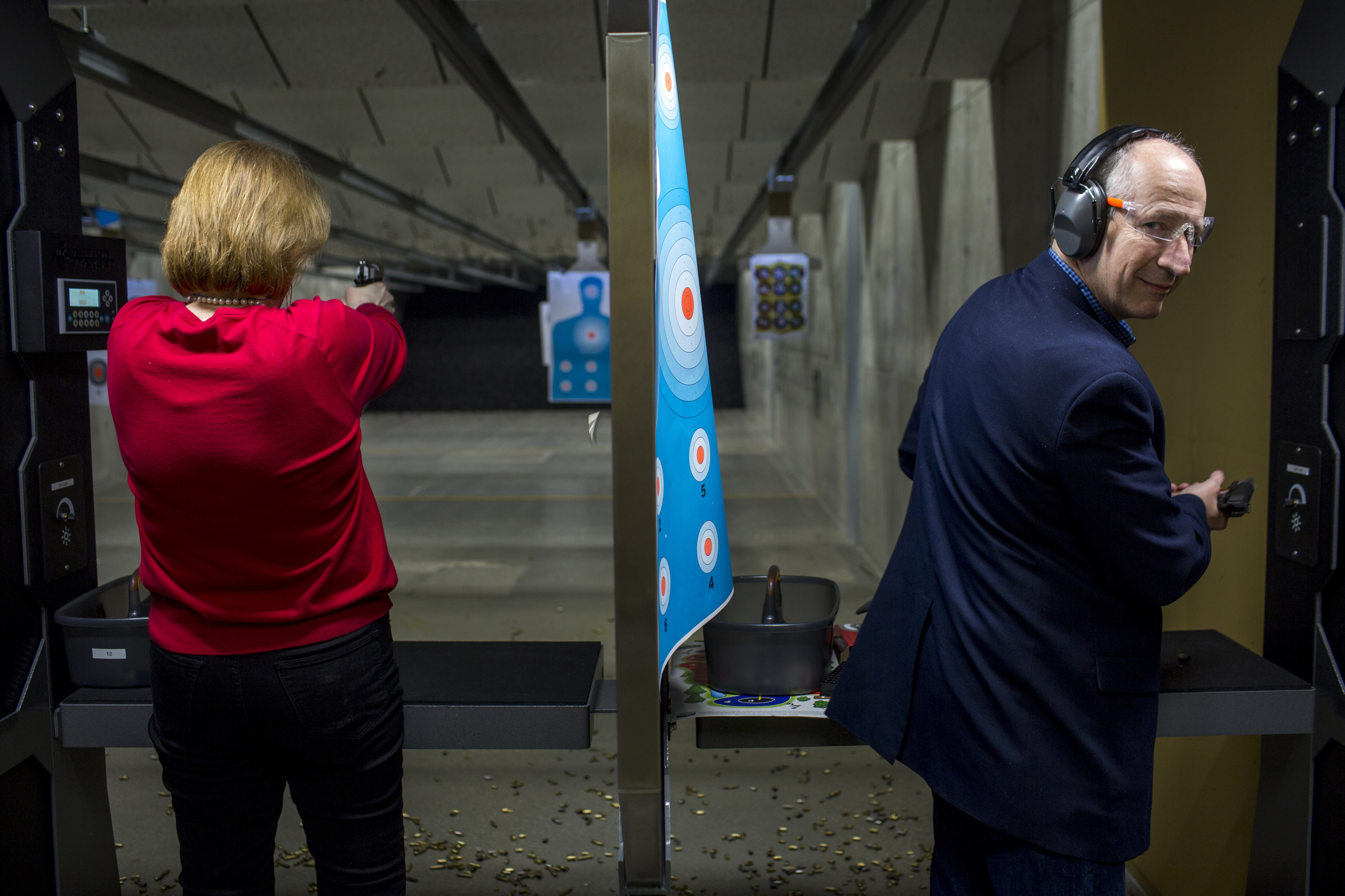 Former Arkansas Gov. Mike Huckabee's wife, Janet, campaigns at the Crossroads shooting range in Johnston, Iowa on Jan. 30, 2016.