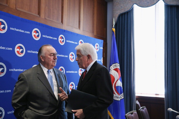Business Roundtable President and former Michigan Gov. John Engler (L) talks with U.S. Chamber of Commerce President and CEO Thomas Donohue after a news conference as part of a 'Day of Action for Immigration Reform' at the U.S. Chamber of Commerce July 9, 2014 in Washington, DC.
