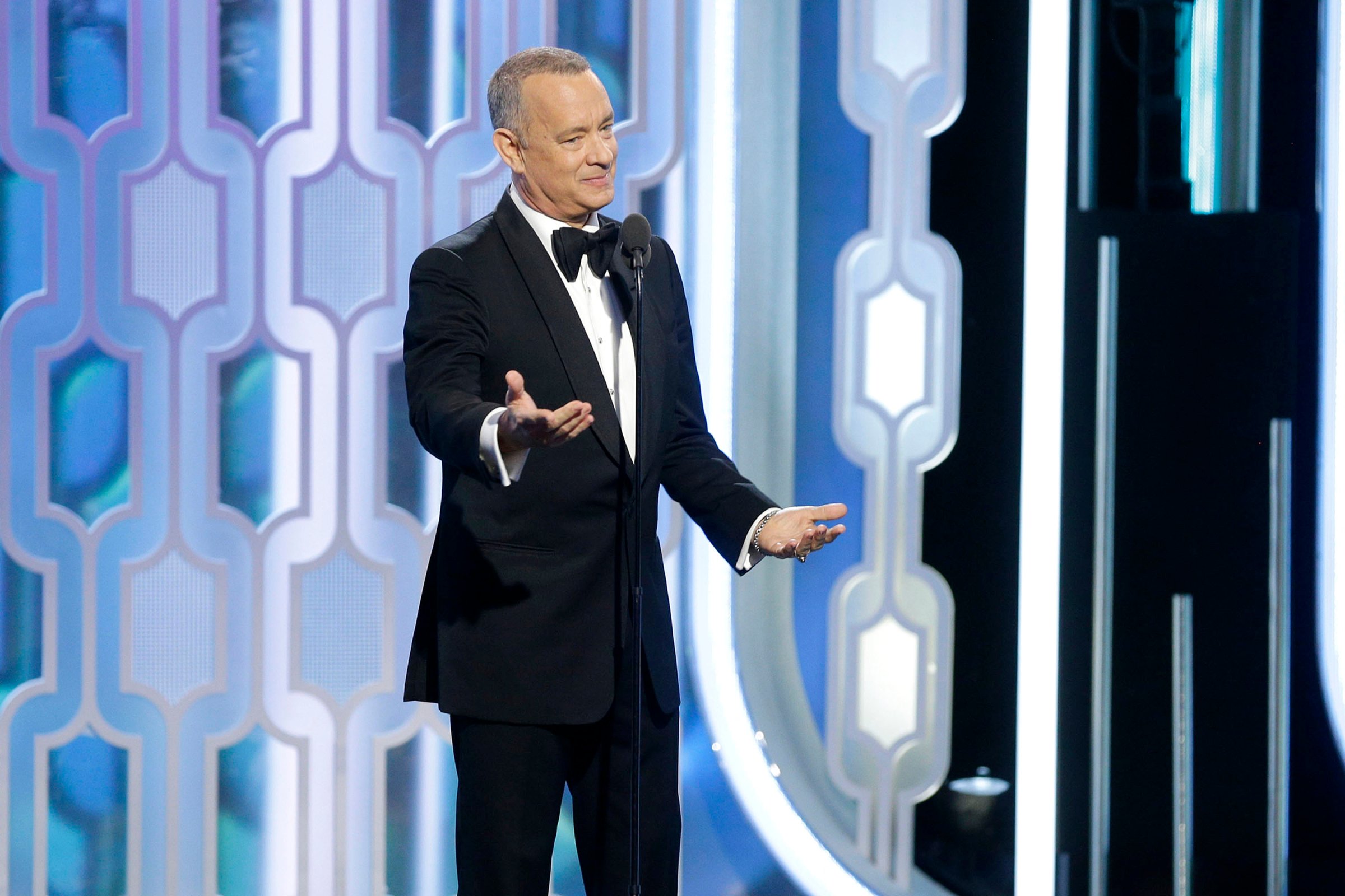 In this handout photo provided by NBCUniversal, Presenter Tom Hanks speaks onstage during the 73rd Annual Golden Globe Awards at The Beverly Hilton Hotel on Jan. 10, 2016 in Beverly Hills, California.