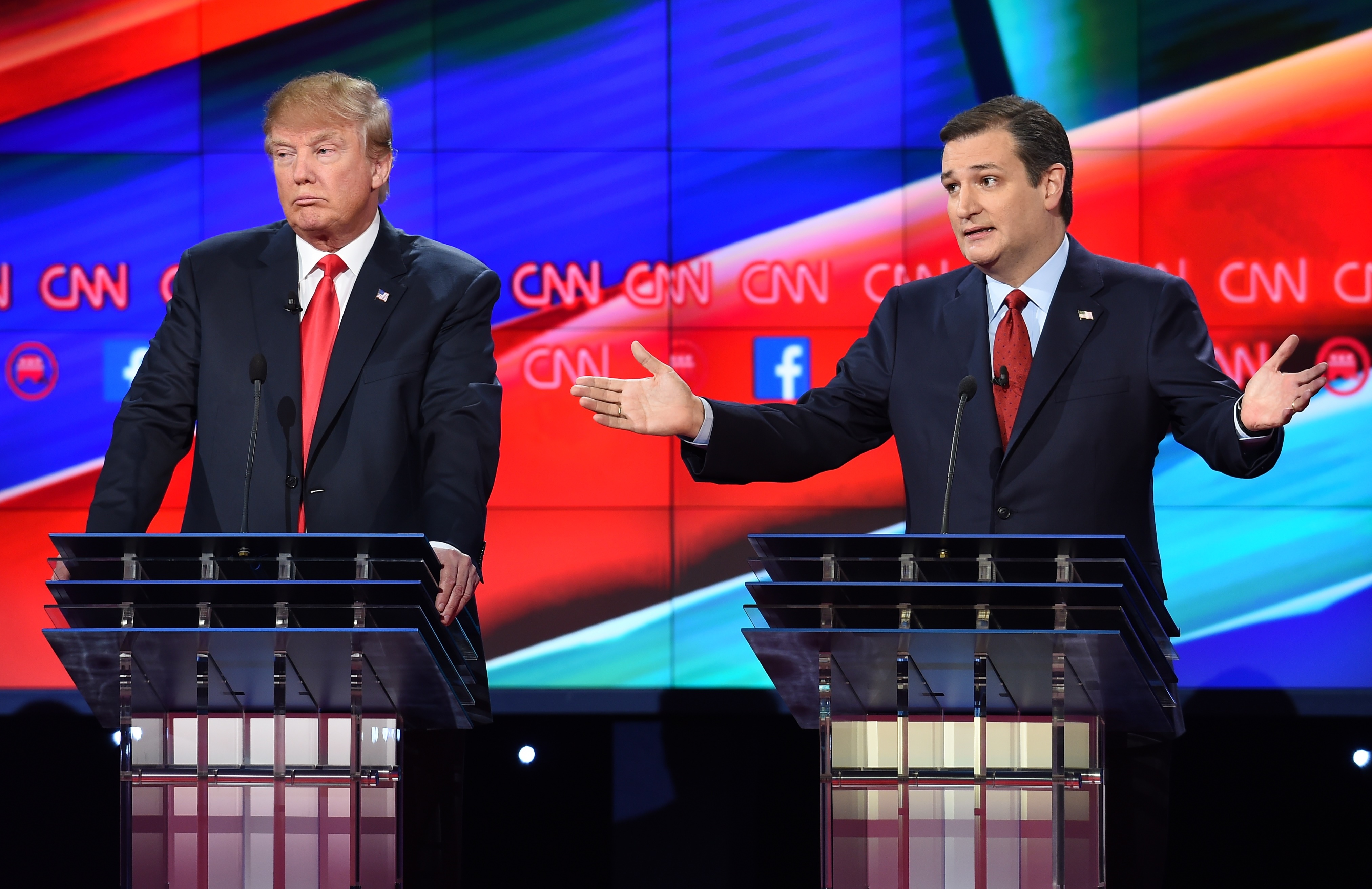 Donald Trump and Ted Cruz during the Republican Presidential Debate on Dec. 15, 2015 in Las Vegas, Nevada. (Robyn Beck—AFP/Getty Images)