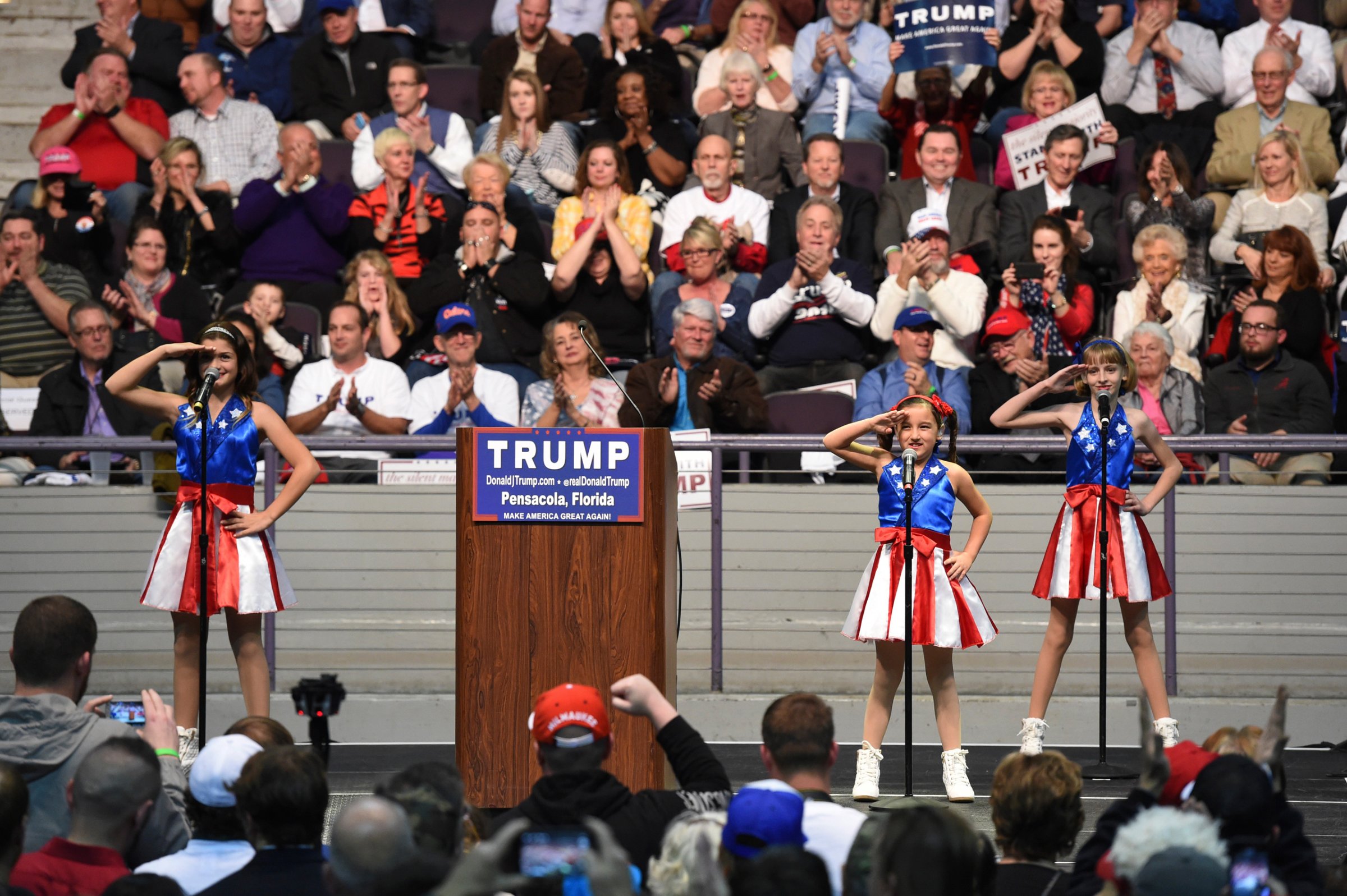 The USA The USA Freedom Kids from Pensacola perform "Freedom's Call" which has become known as the "Trump Jam" during the U.S. Republican presidential candidate Donald Trump's campaign rally in Pensacola, Florida January 13, 2016. Picture taken January 13, 2016. REUTERS/Michael Spooneybarger - RTX22L49Freedom Kids from Pensacola perform "Freedom's Call" which has become known as the "Trump Jam" during candidate Donald Trump's campaign rally in Pensacola