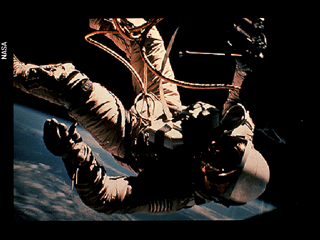 Pictured here is Gemini 4 astronaut, Ed White, the first American to take a spacewalk. He spent more than 20 minutes outside his spacecraft. The 'umbilical cord' connecting him to the capsule supplied him with oxygen, and he held a rocket gun which he fired to help him move around in the vacuum of space. Gemini 4, crewed by James McDivitt and White, was launched on June 3 1965 and completed 62 Earth orbits. It was the second manned launch of NASA's two-man Gemini spacecraft.