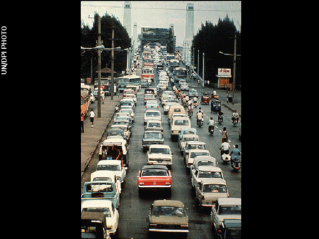 In June 1972 representatives of some 130 nations converged in Stockholm for an unprecedented meeting to seek ways of translating their concern about pollution and its potential dangers to the planet into a global attack on the common perils menacing the environment. Traffic congestion afflicts practically all large cities, as this rush hour jam in Bangkok, Thailand in May 1972 illustrates.