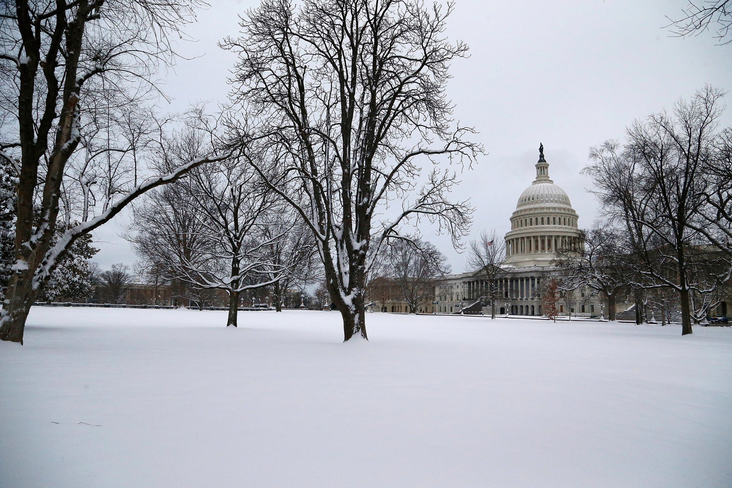 Several inches of fresh snow cover the lawn of the U.S. Capitol in Washington