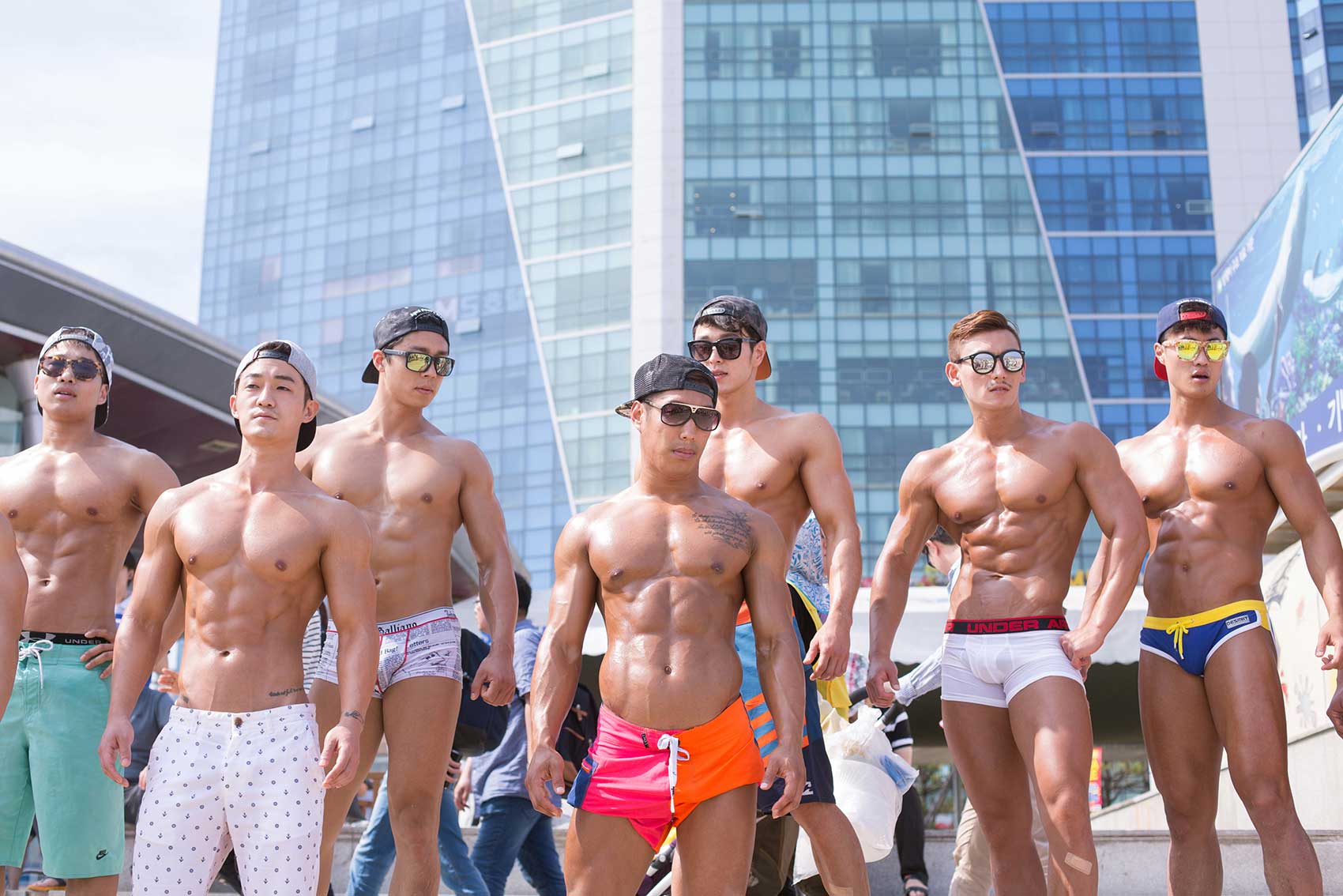 Bodybuilders at Haeundae Beach in Busan. Koreans are mad about health and physical appearance. Here appearance matters most; both in terms of beauty and conformity to norms.