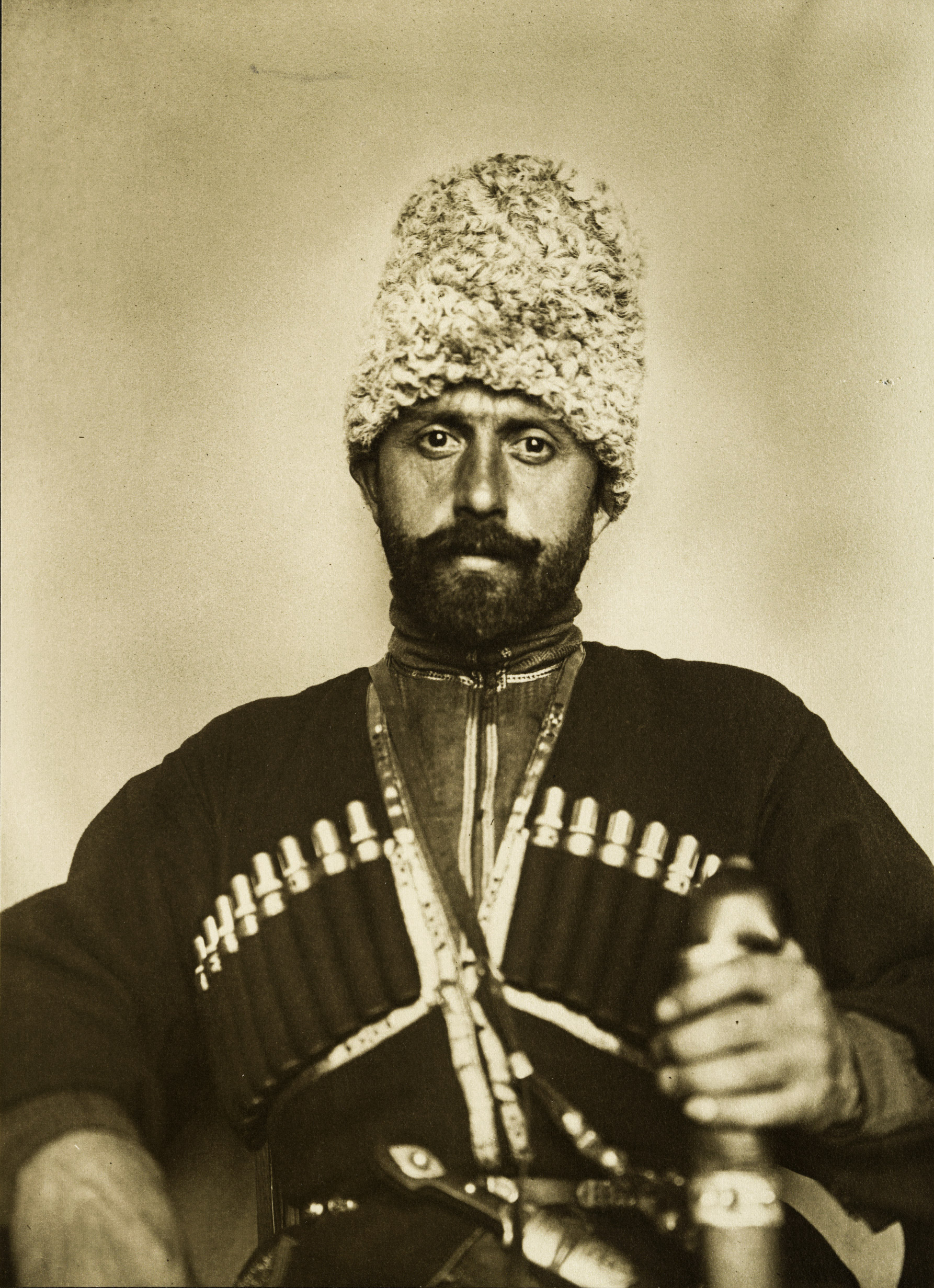 Portrait of a Cossack man from the steppes of Russia at the Ellis Island Immigration Station, circa 1905-1914.