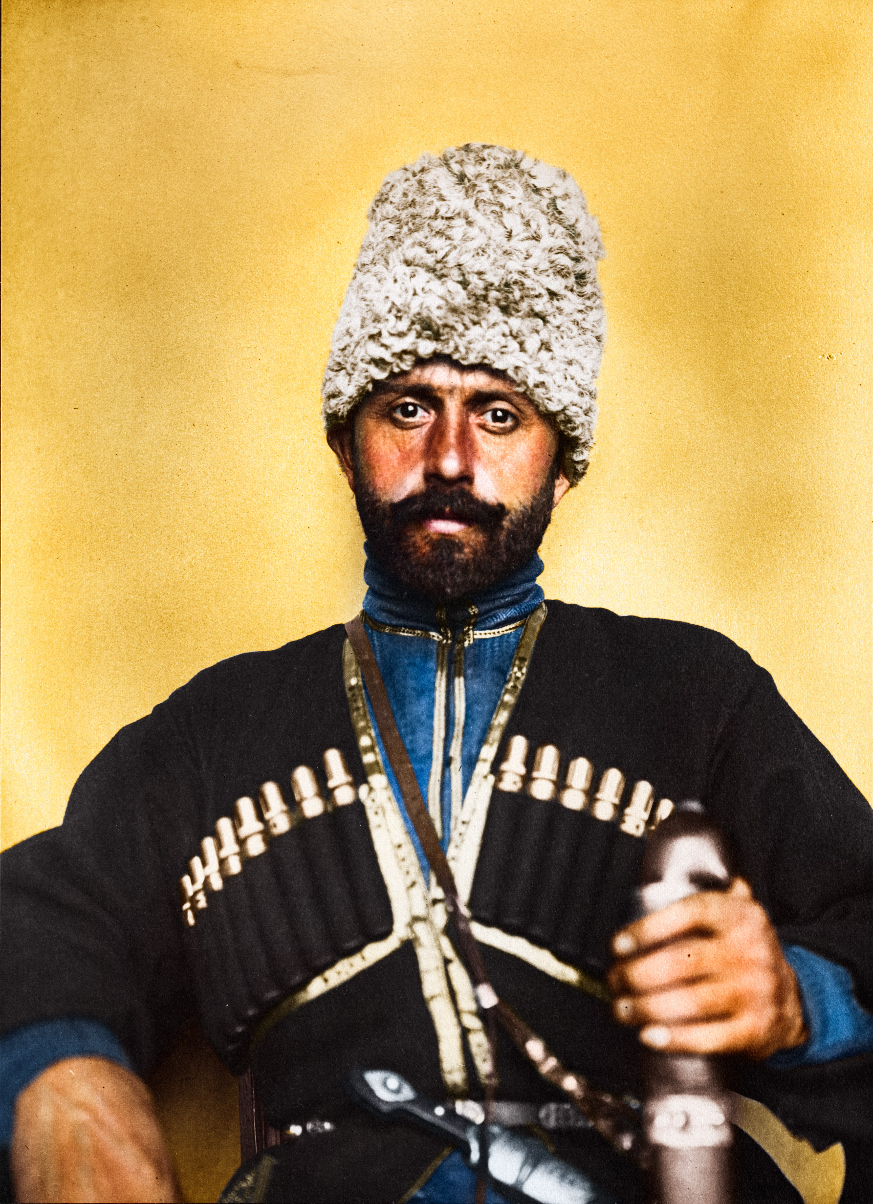 Portrait of a Cossack man from the steppes of Russia at the Ellis Island Immigration Station, circa 1905-1914.