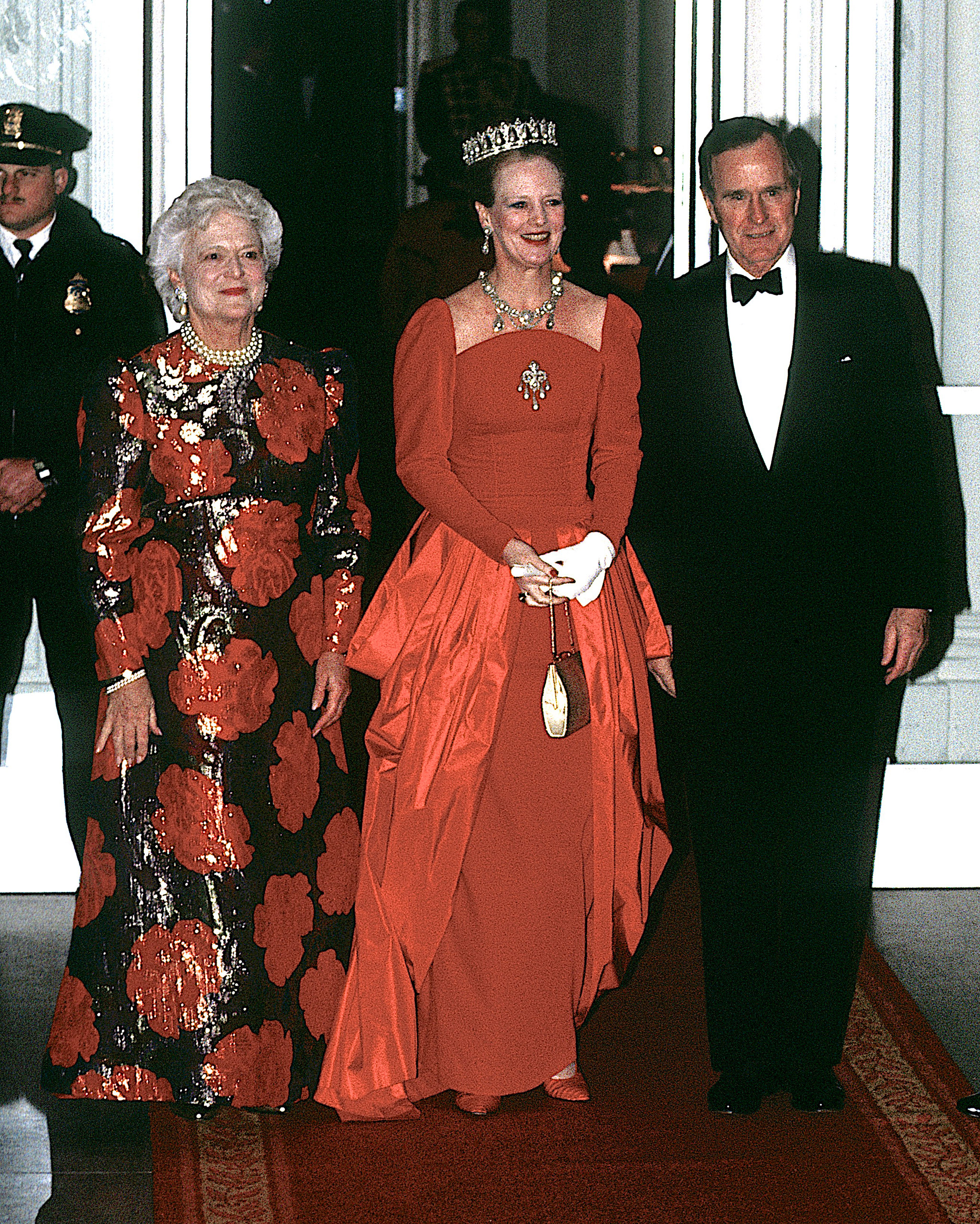 President George H.W. Bush and Barbara Bush greet Queen Margrethe II of Denmark