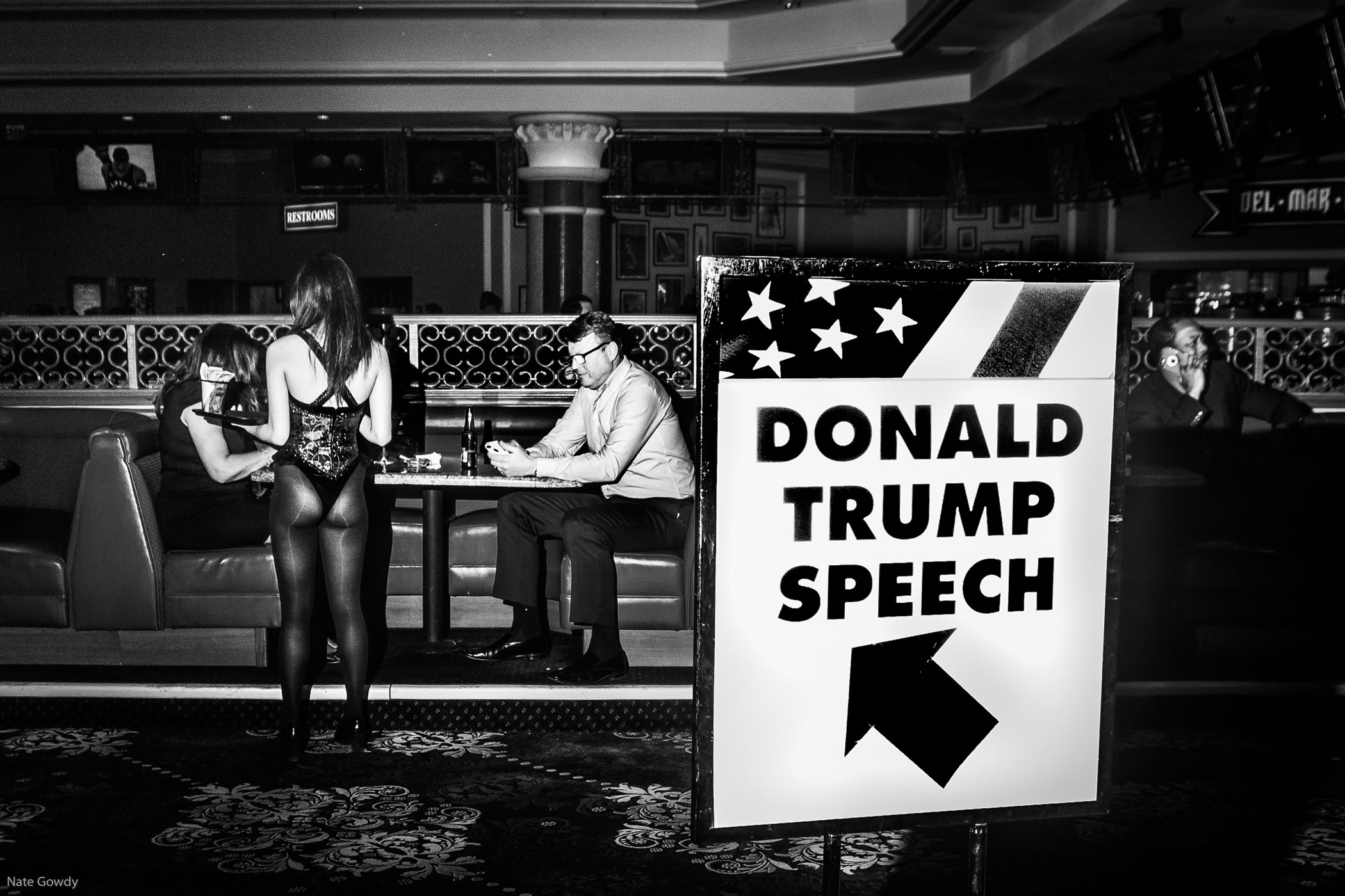 Signs direct supporters of Republican presidential candidate Donald Trump toward his campaign's Victory Party at Treasure Island in Las Vegas on Feb. 23, 2016.