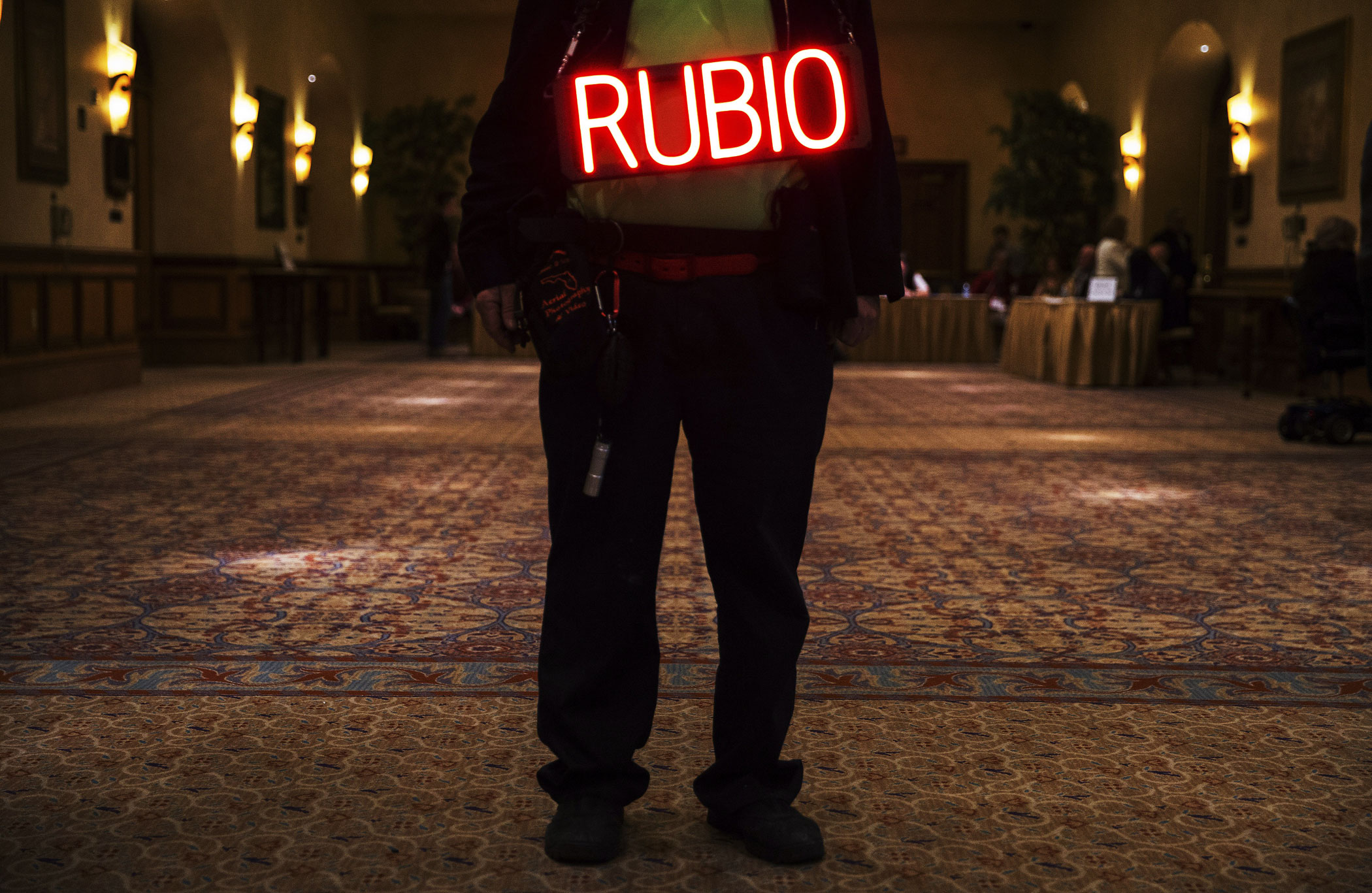 A supporter wears a sign at a rally for Republican presidential candidate Marco Rubio at Texas Station in North Las Vegas on Feb. 21, 2016.