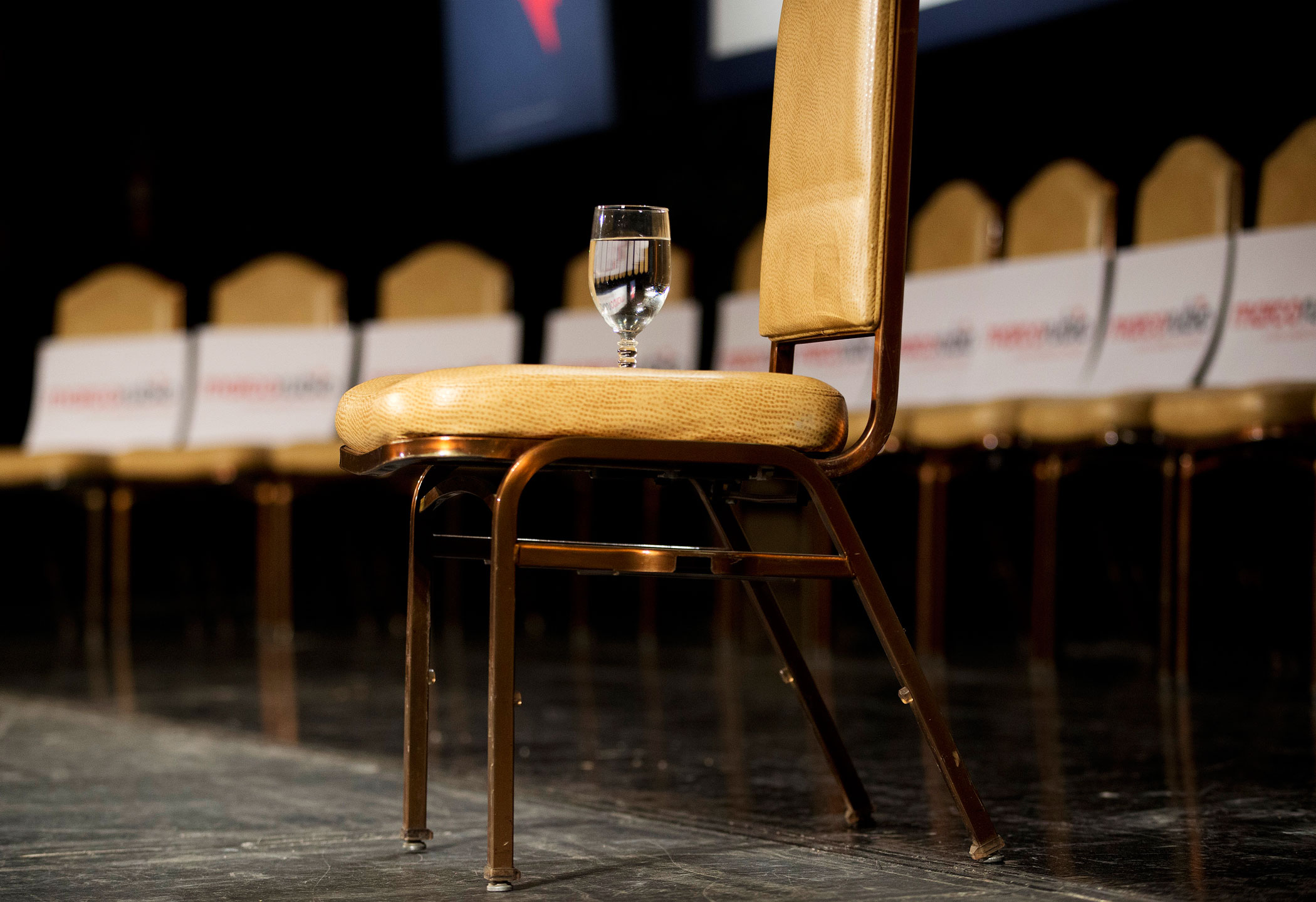 A glass of water for Florida Sen. Marco Rubio is placed on a chair at a rally on Feb. 21, 2016, in North Las Vegas.
