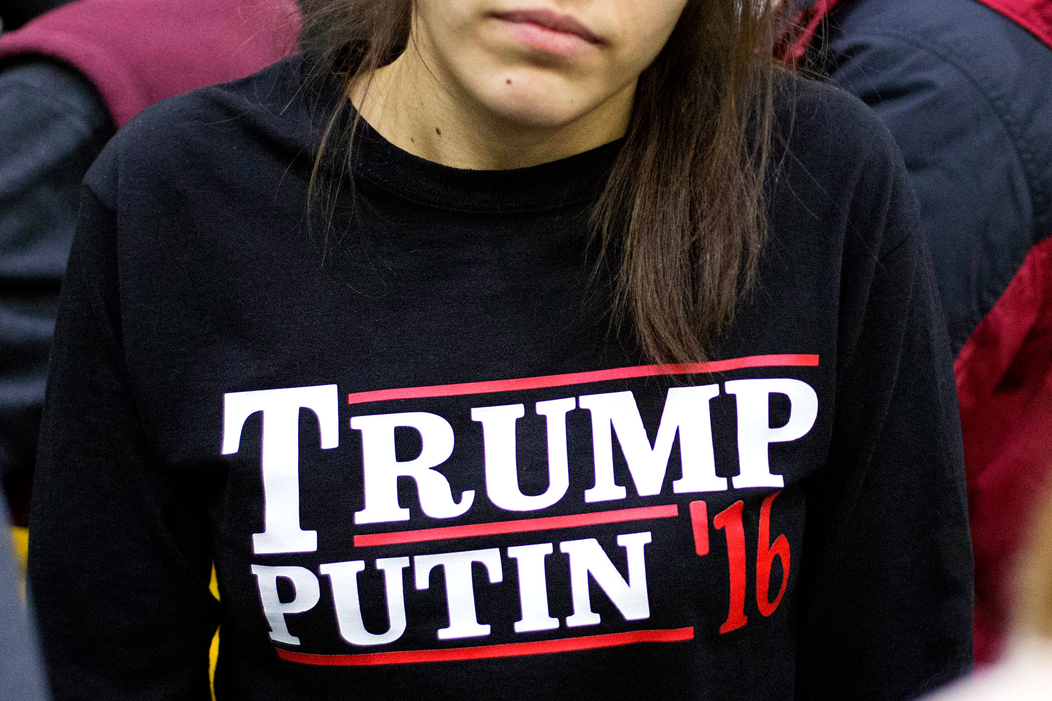 A woman wears a shirt reading 'Trump Putin '16'  at a campaign event for Donald Trump at Plymouth State University on Feb. 7 in Plymouth, N.H.
