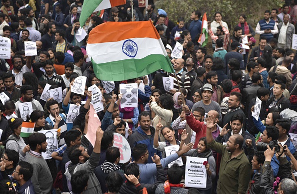 Jawaharlal Nehru University students took out a march in support of Kanhaiya Kumar, president of JNU's students' union, at the university's campus in New Delhi on Feb. 18, 2016 (Vipin Kumar—Hindustan Times/Getty Images)