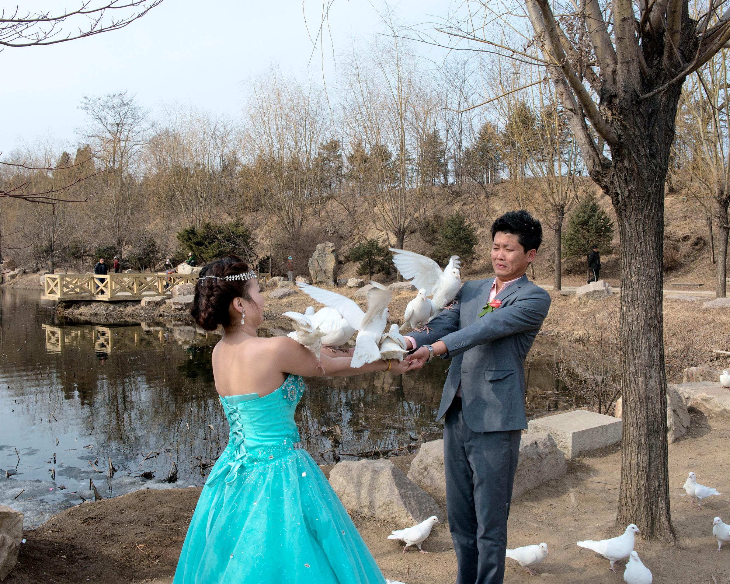 A newly married couple poses with white pigeons for a photo shoot in Dandong, China. Dandong is situated on the banks of the Yalu River, a short distance from North Korea.
