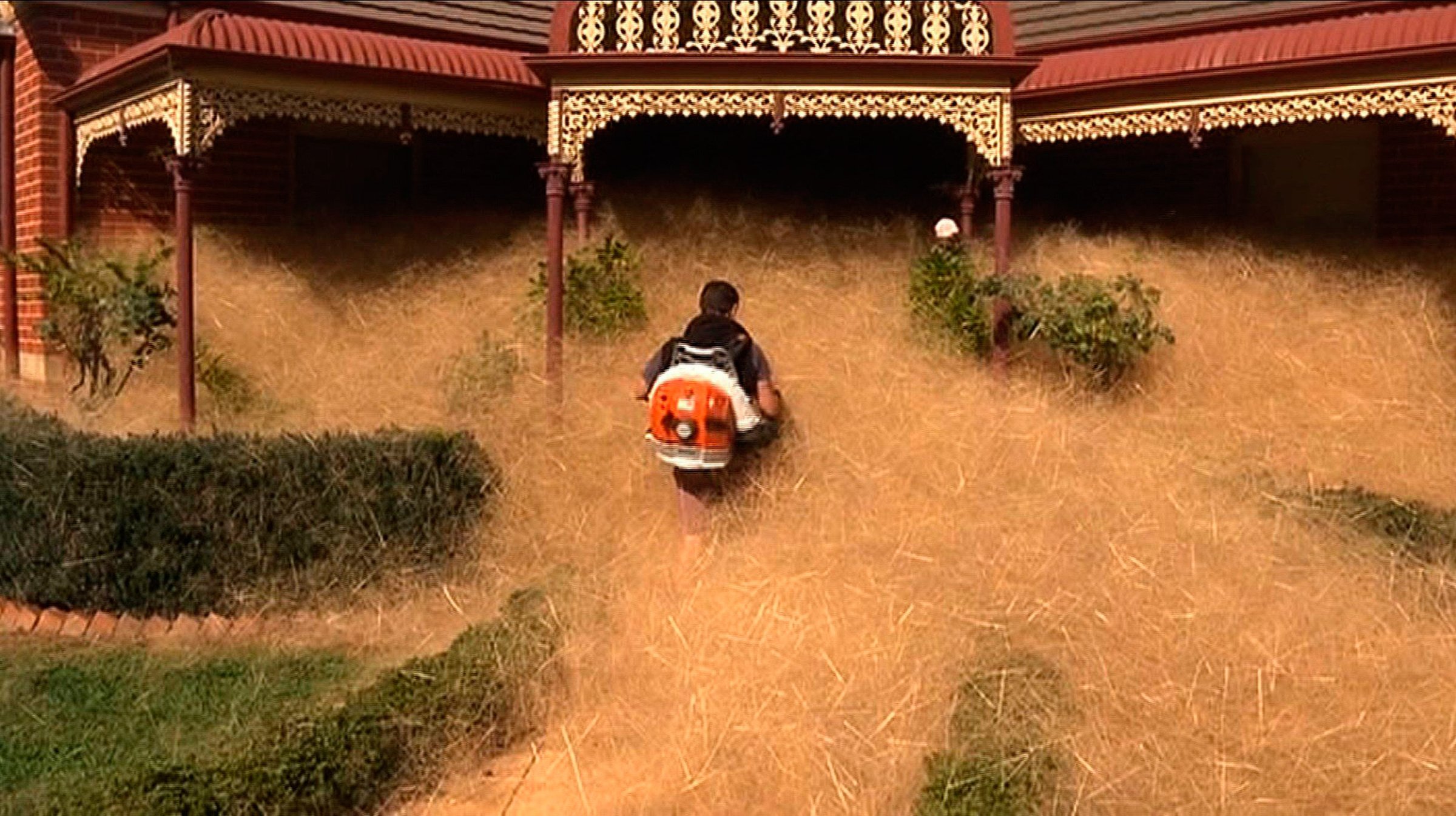This frame grab from footage released by Australian television's Channel 7 on Feb. 18, 2016, shows a man clearing out fast-growing tumbleweed from a home in the town of Wangaratta, 150 miles northeast of Melbourne, Australia.