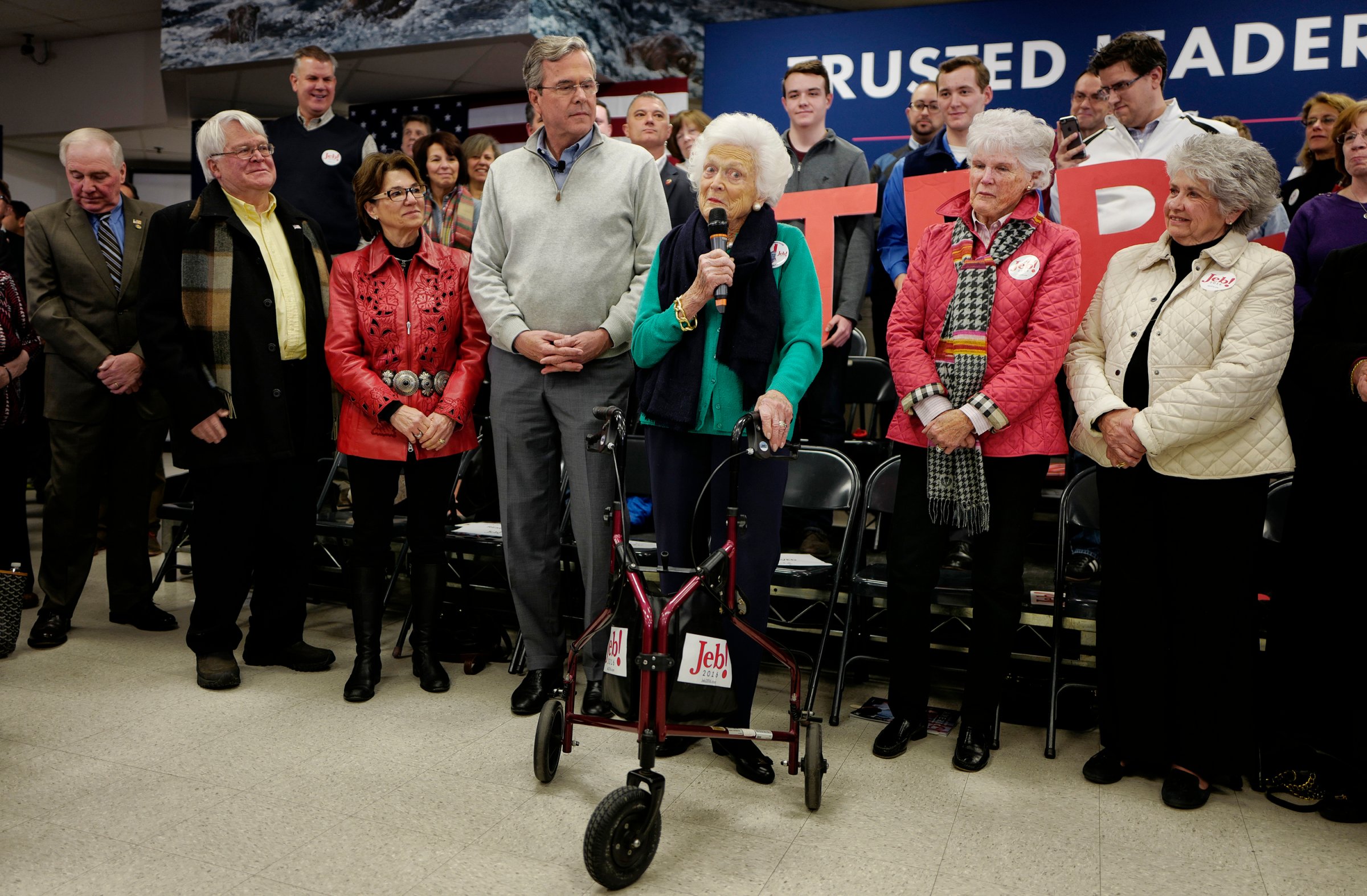 DERRY, NH - FEBRUARY 4: Republican presidential candidate Governor Jeb Bush is introduced by his mother Barbara Bush before holding a town hall meeting at West Running Brook Middle School in Derry, New Hampshire on February 4, 2016. (Photos by Charles Ommanney/The Washington Post)