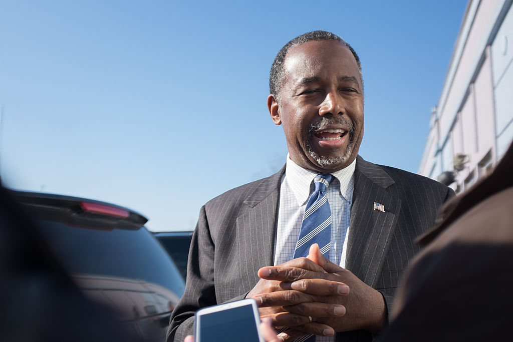 Republican presidential candidate Ben Carson speaks to reporters after stopping at The Airport Diner on Feb. 7, 2016 in Manchester, New Hampshire. (Matthew Cavanaugh-Getty Images)