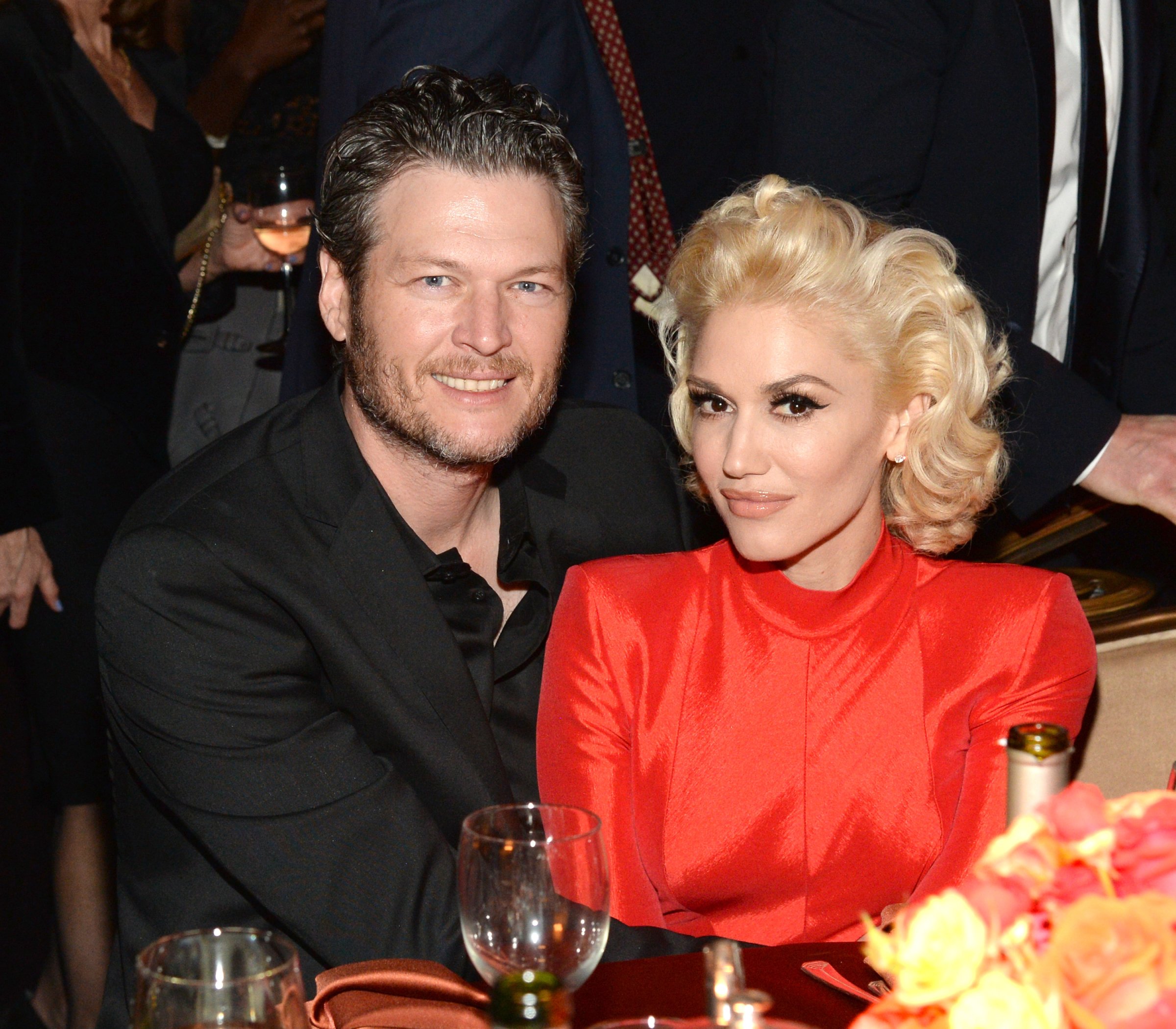 Recording artists Blake Shelton (L) and Gwen Stefani attend the 2016 Pre-GRAMMY Gala and Salute to Industry Icons honoring Irving Azoff at The Beverly Hilton Hotel on February 14, 2016 in Beverly Hills, California.