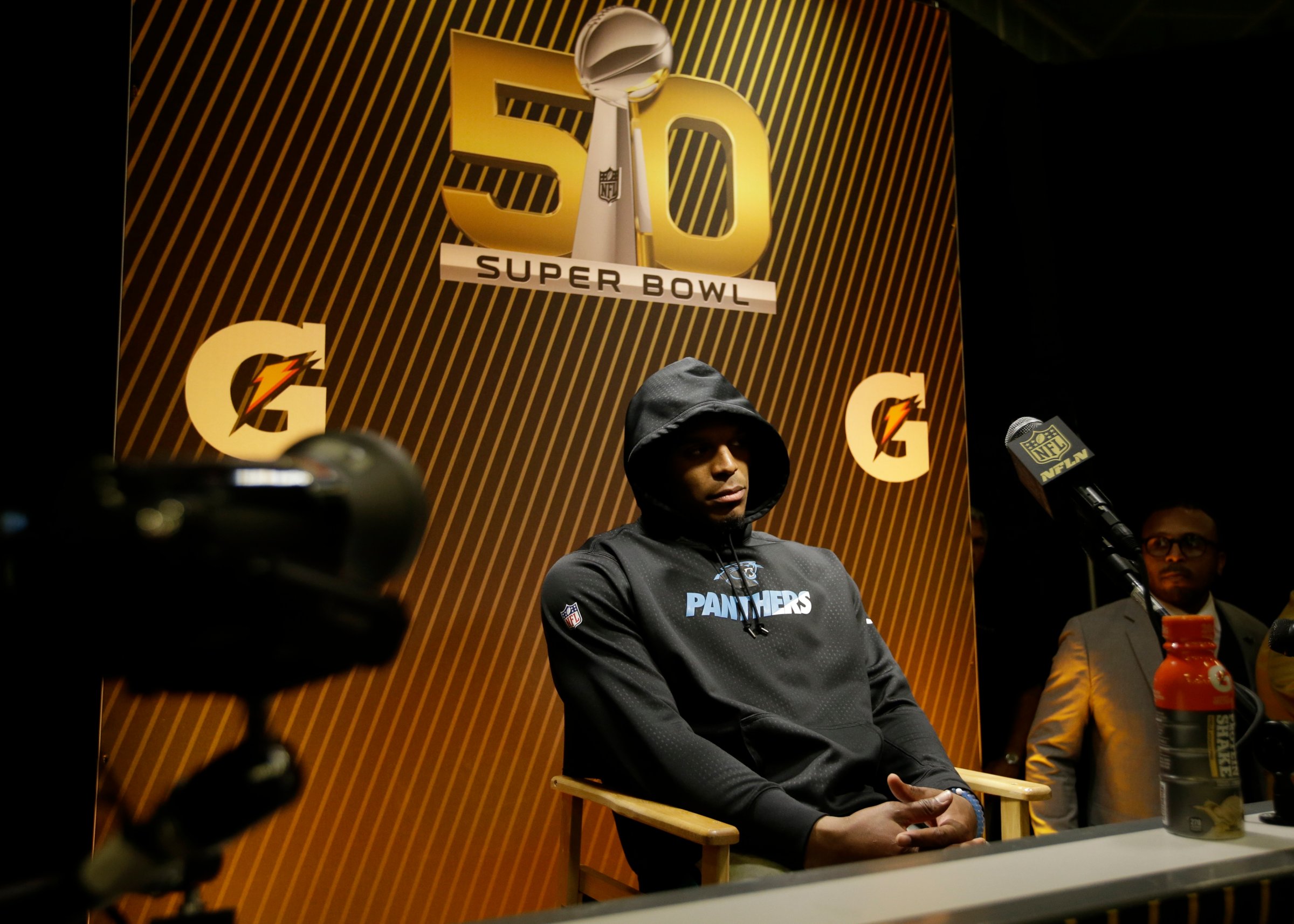 Carolina Panthers, Cam Newton answers questions after the NFL Super Bowl 50 football game against the Denver Broncos in Santa Clara, Calif. on Feb. 7, 2016.