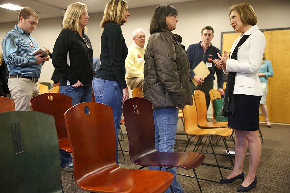 Republican presidential candidate Carly Fiorina greets people during a Timberland Town Hall at the Timberland Global Headquarters on February 3, 2016 in Stratham, New Hampshire.