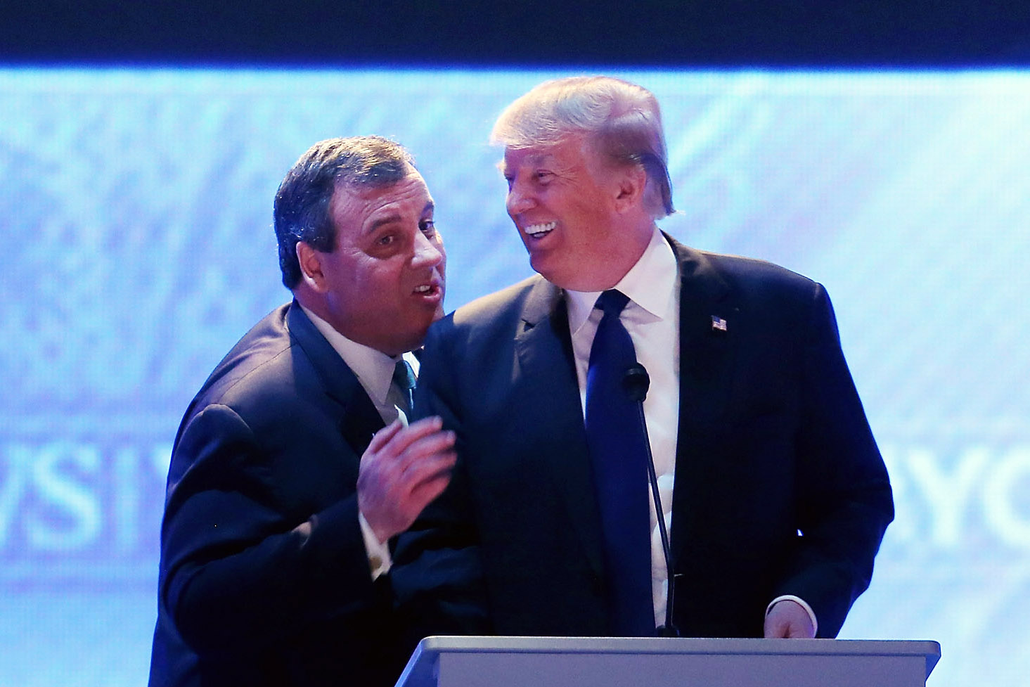 New Jersey Gov. Chris Christie endorsed business Donald Trump for president on Feb. 26. Here, the candidates greeted each other during a commercial break in a Feb. 6 Republican presidential debate.