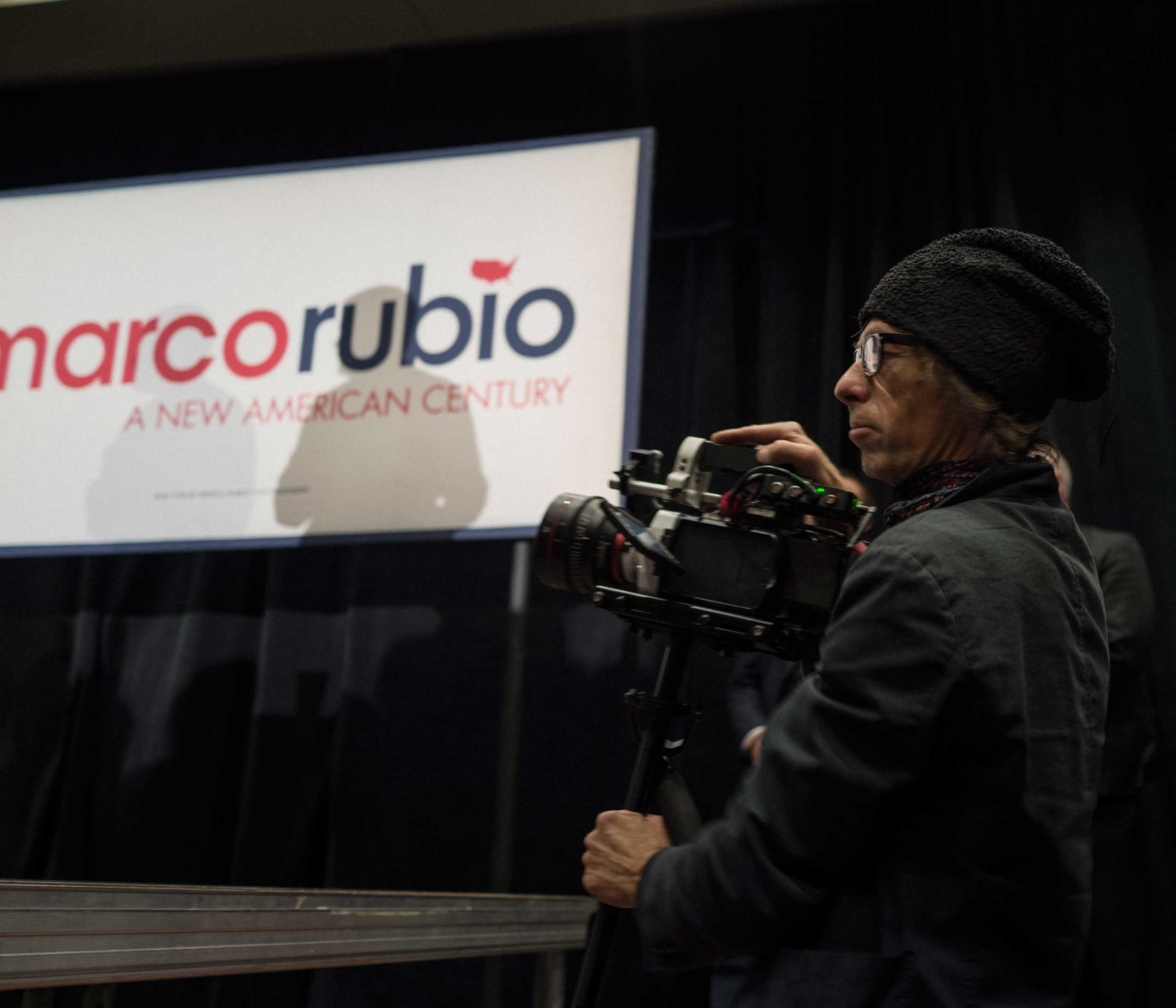 Photographer Christopher Morris with the Phantom high-speed camera at a Marco Rubio event at St. Ambrose University in Davenport, Iowa. (Jesse Narducci)