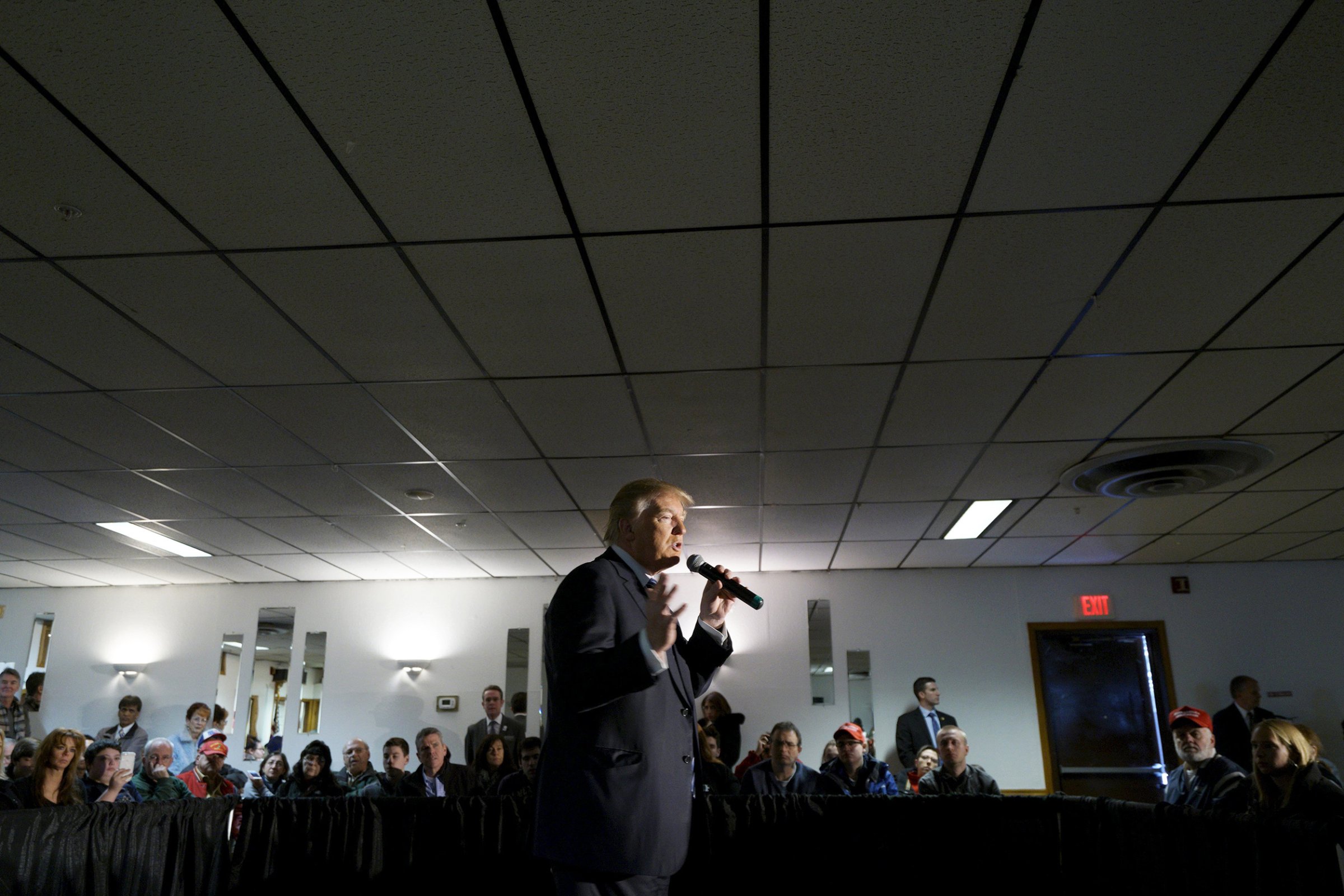 U.S. Republican presidential candidate Donald Trump speaks at an Elks Lodge in Salem, NH on Feb. 8, 2016.