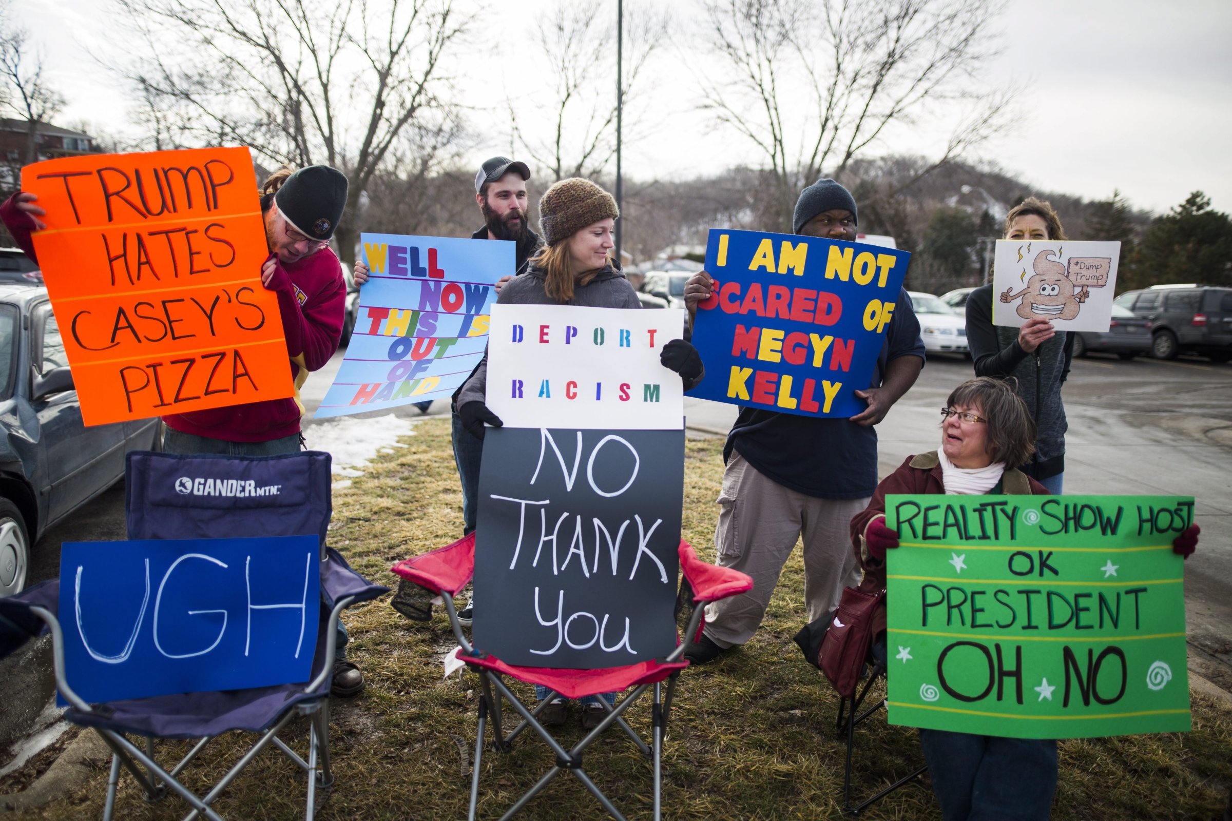 Protestors gather outside a campaign event for Republican presidential candidate Donald Trump at the Gerald Kirn Middle School in Council Bluffs, Iowa on Jan. 31 2016.