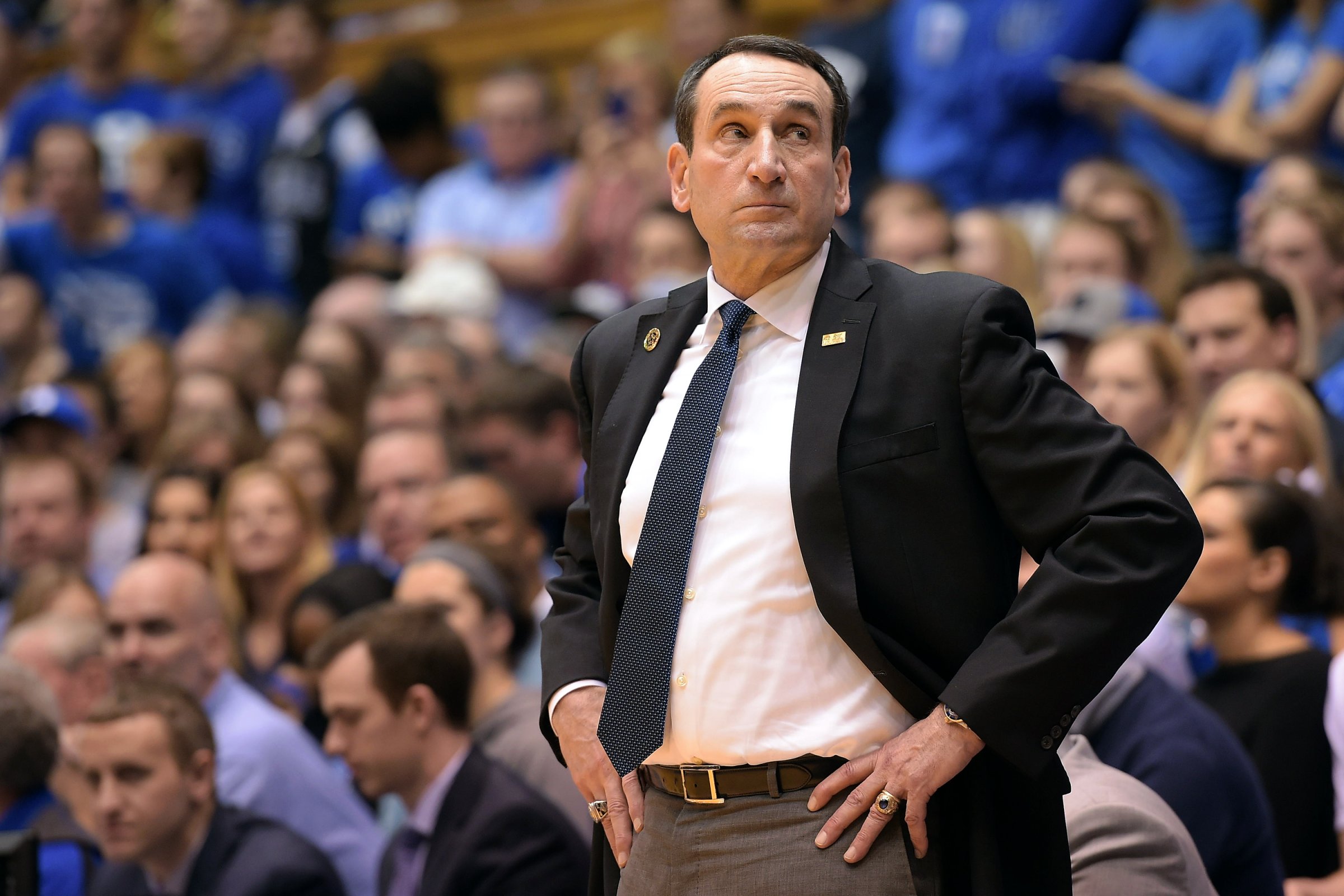 Head coach Mike Krzyzewski of the Duke Blue Devils looks on during their game against the Notre Dame Fighting Irish at Cameron Indoor Stadium on January 16, 2016 in Durham, North Carolina.