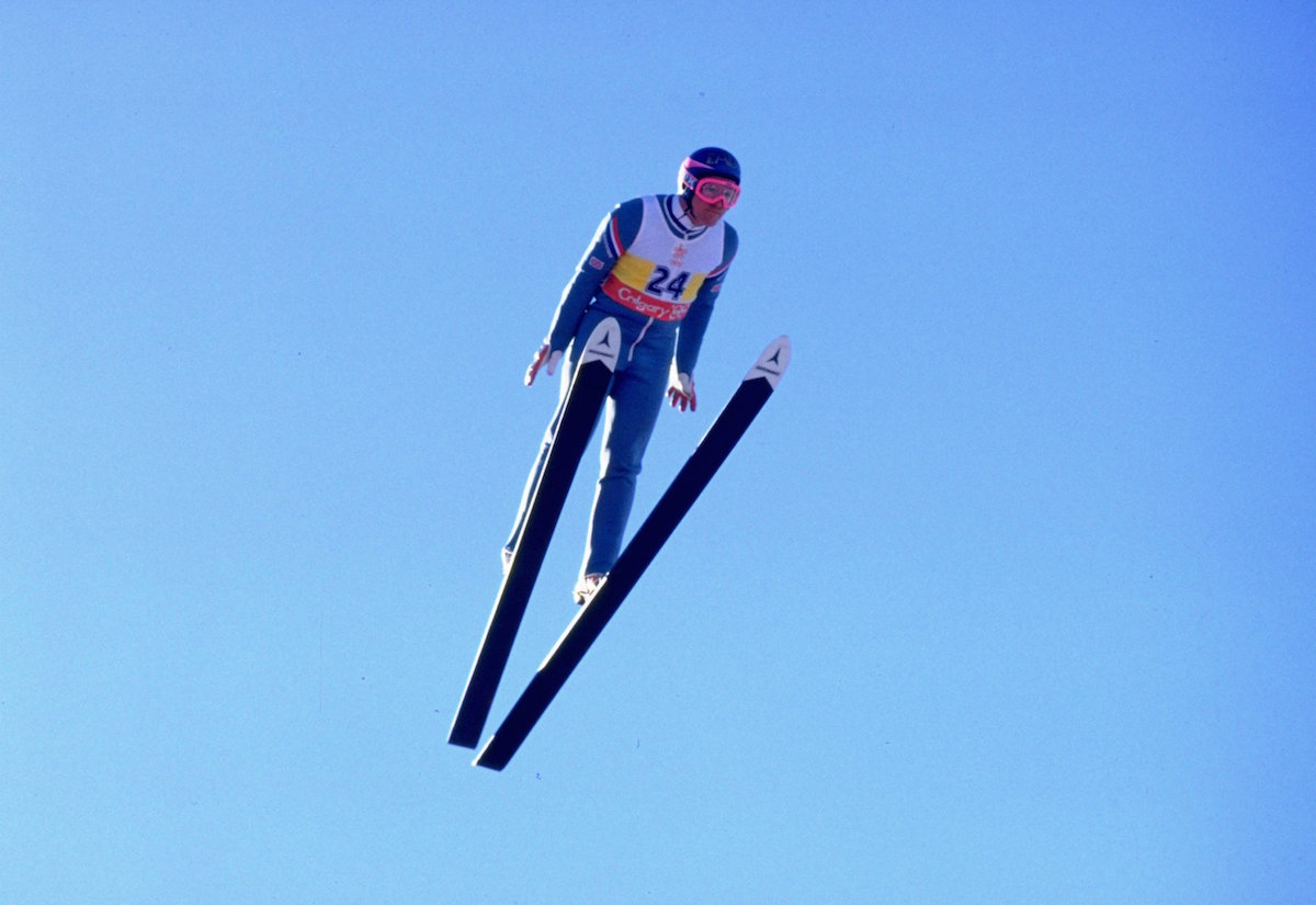 Eddie Edwards of Great Britain in action during the 90 metres Ski Jump event at the 1988 Winter Olympic Games in Calgary, Canada, on Feb. 23, 1988 (David Cannon—Getty Images)