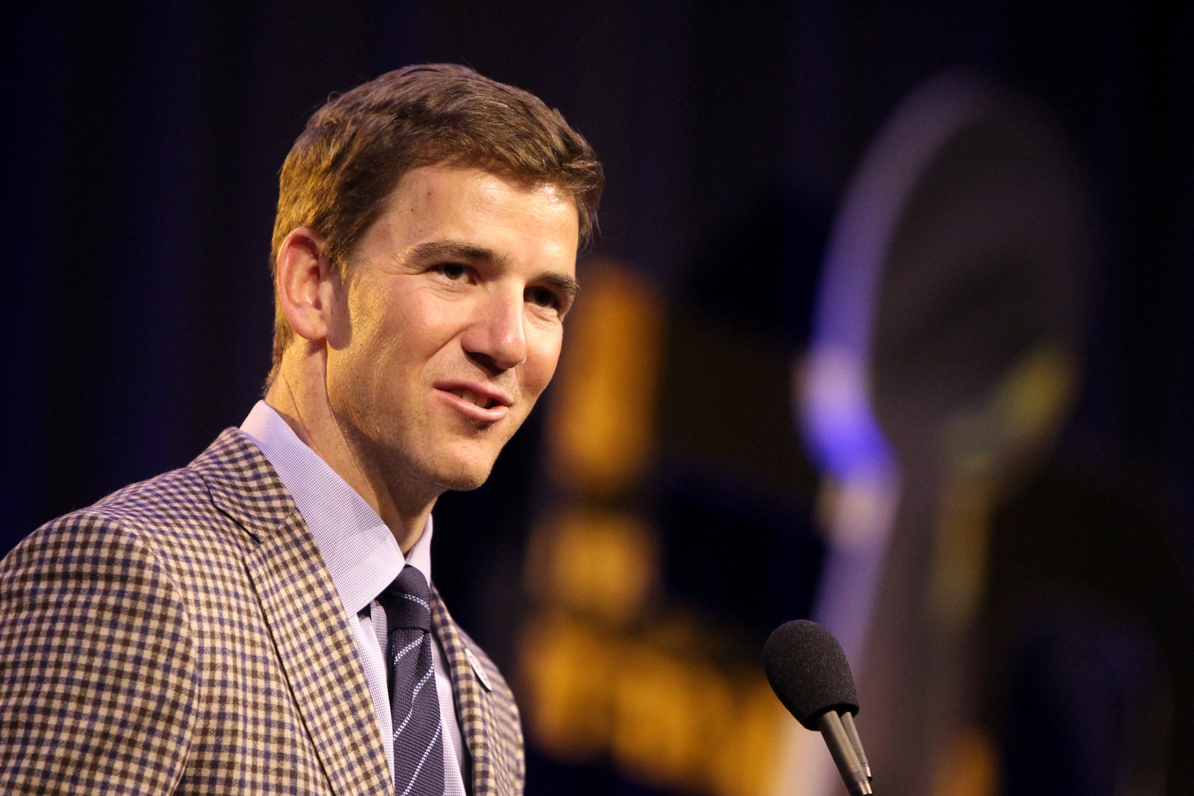 Finalist Eli Manning of the New York Giants speaks during the 2015 Walter Payton Man of the Year Finalist press conference prior to Super Bowl 50 at the Moscone Center West on February 5, 2016 in San Francisco, California.