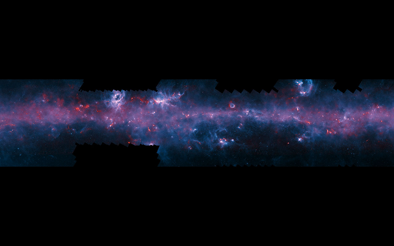 An image of the Milky Way, released to mark the completion of the APEX Telescope Large Area Survey of the Galaxy. The APEX telescope in Chile has mapped the full area of the Galactic Plane visible from the southern hemisphere for the first time at submillimetre wavelengths — between infrared light and radio waves — and in finer detail than recent space-based surveys. (ESO/APEX/ATLASGAL consortium/NASA/GLIMPSE consortium/ESA/Planck)