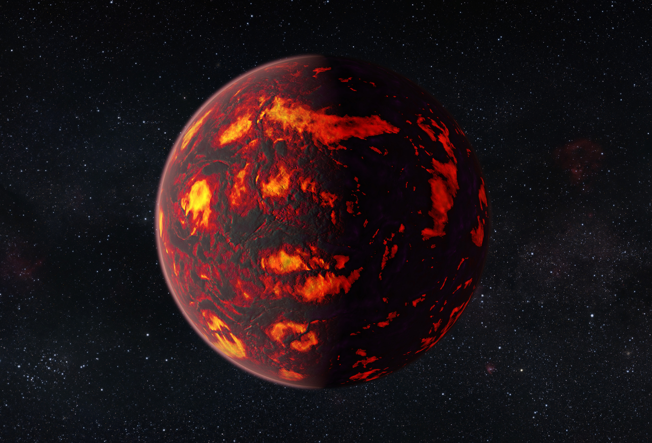 This artist’s impression shows the exoplanet 55 Cancri e as close-up. Due to its proximity to its parent star, the temperatures on the surface of the planet are thought to reach about 2000 degrees Celsius. Scientists were able to analyze the atmosphere of 55 Cancri e. It was the first time this was possible for a super-Earth exoplanet. (ESA/Hubble/M. Kornmesser)