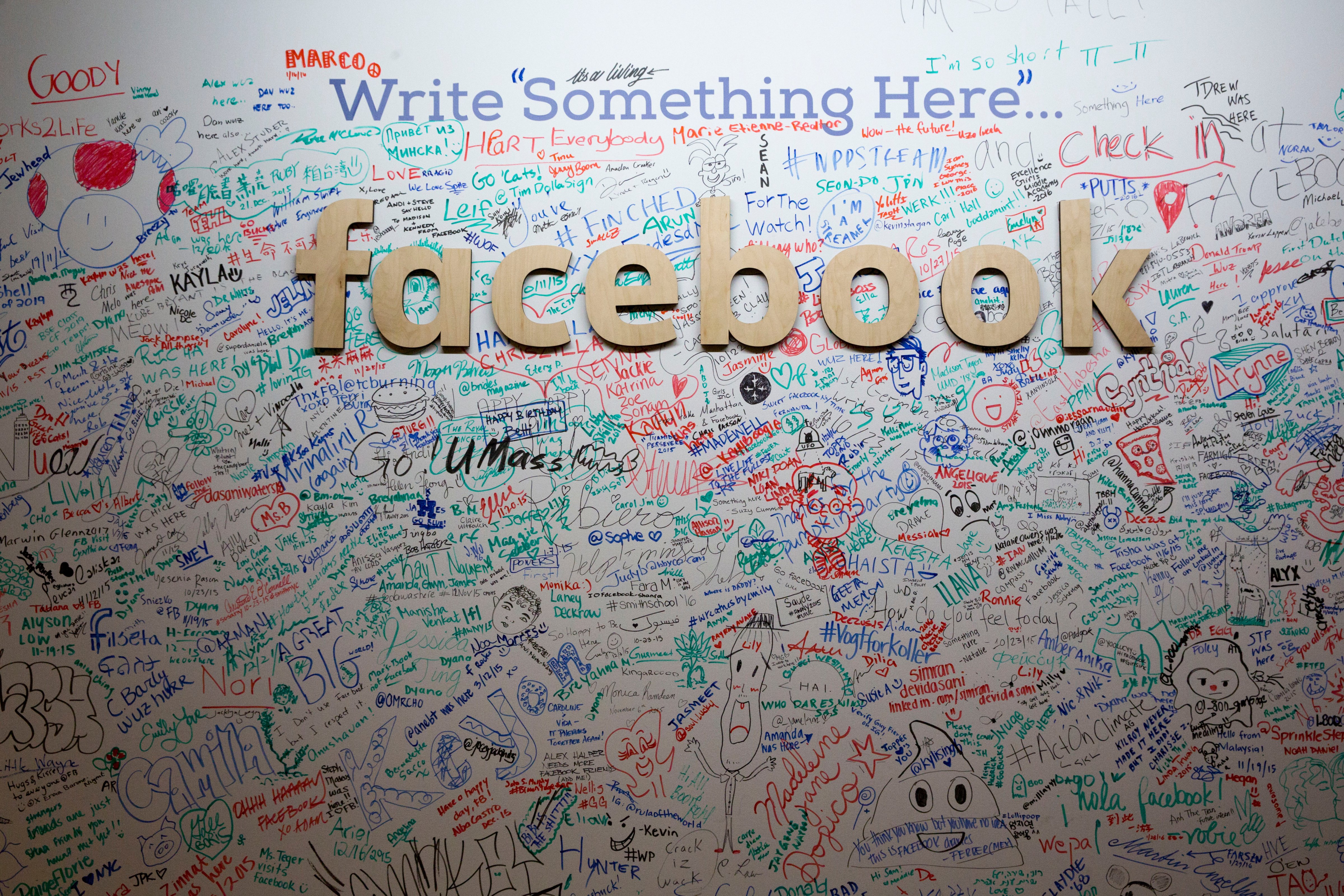 The Facebook signature wall at the company's office in New York on Feb. 18, 2016.