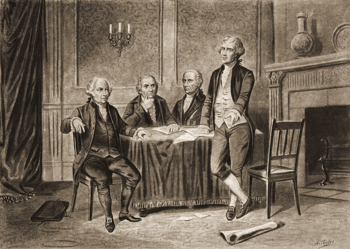 Illustration of four delegates to the Continental Congress that began in colonial America, 1774. From left to right, John Adams, Robert Morris, Alexander Hamilton, and Thomas Jefferson. (Stock Montage / Getty Images)