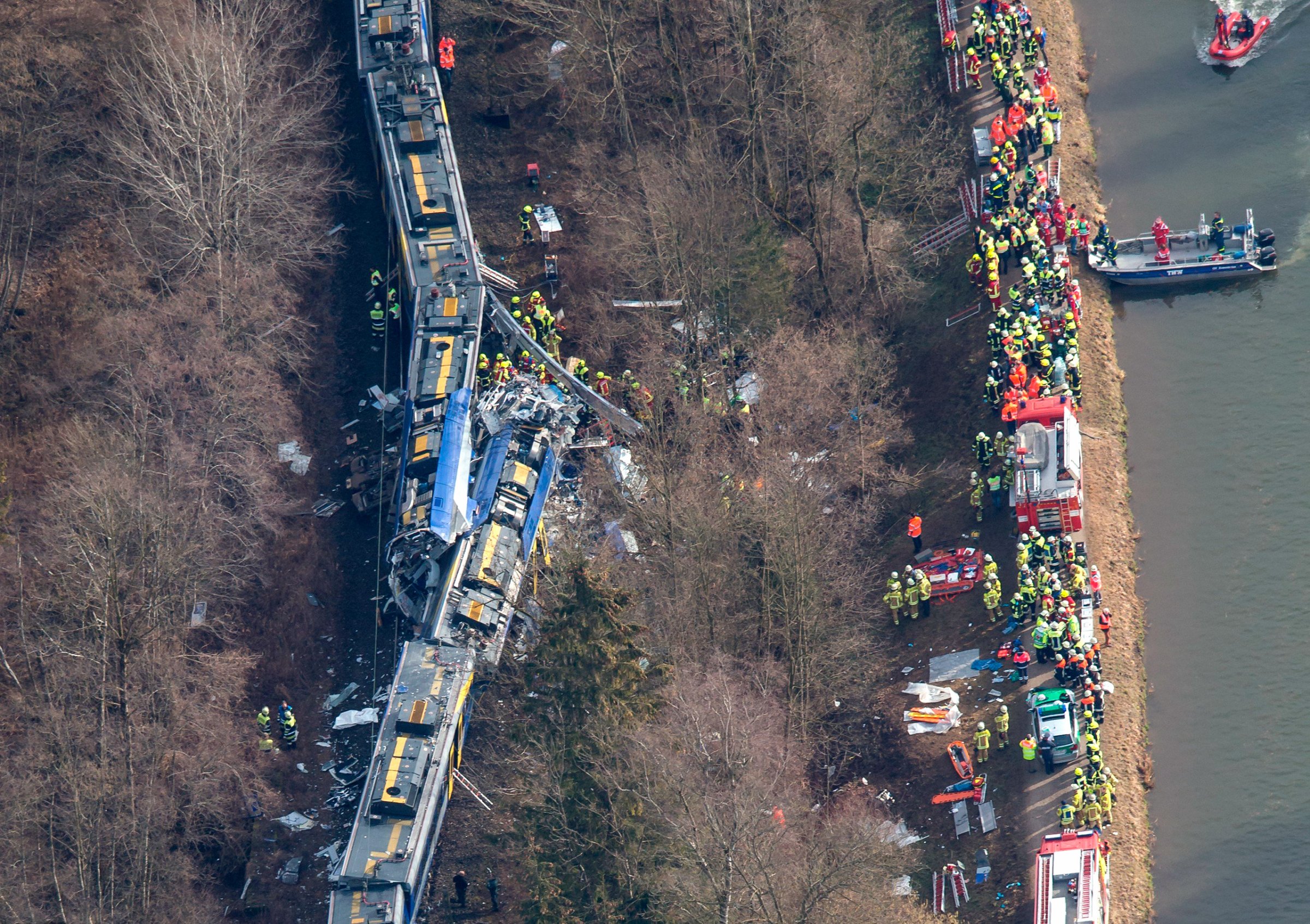 An aerial view of rescuers working at the site of a train accident near Bad Aibling, Germany, Feb. 9, 2016.
