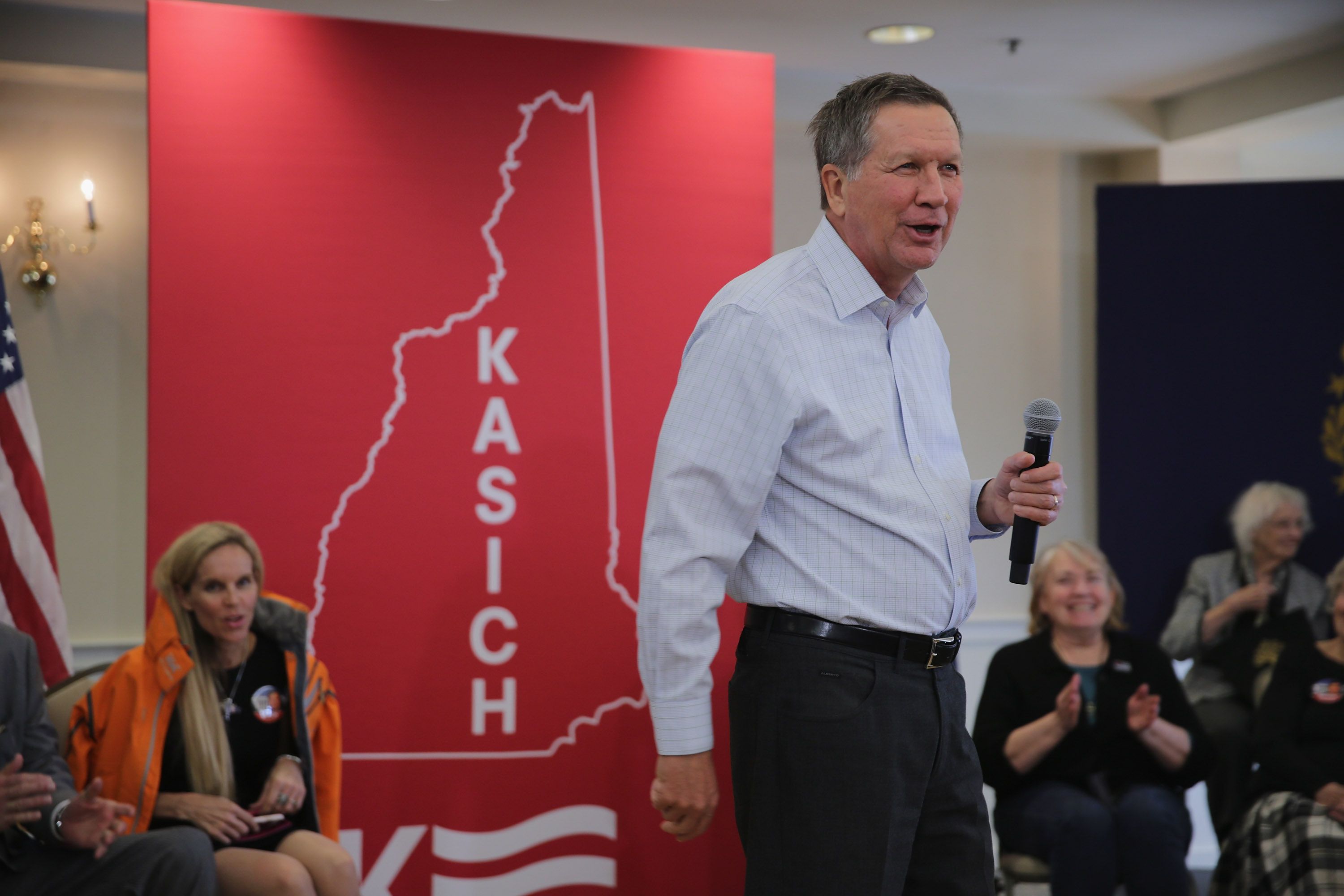 Republican presidential candidate Ohio Gov. John Kasich talks to supporters and undecided voters during a town hall meeting at the Portsmouth Country Club February 1, 2016 in Greenland, New Hampshire. This was Kasich's 87th town hall meeting in New Hampshire, where the country's first primary election will be held Feburary 9. (Chip Somodevilla—Getty Images)