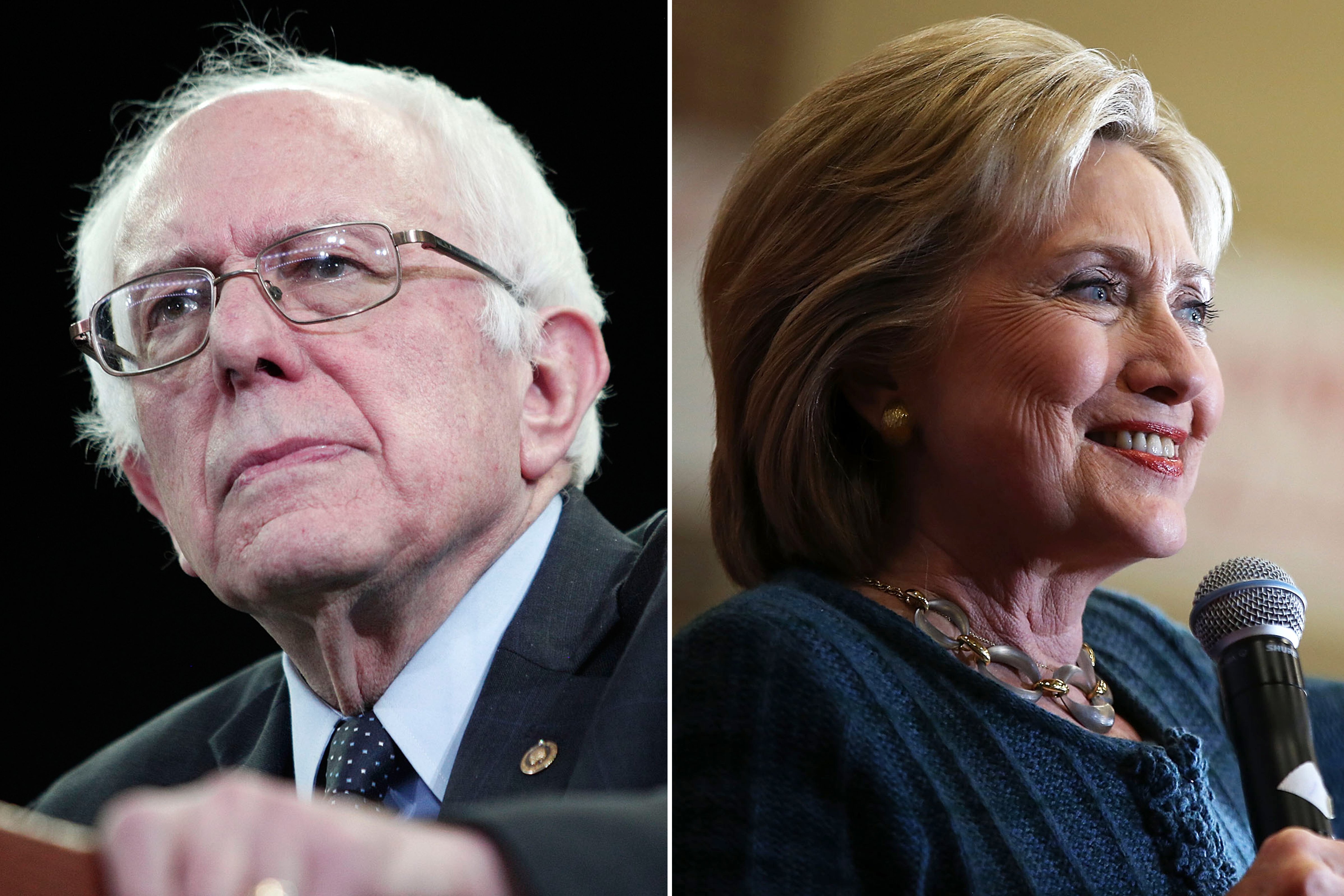 Bernie Sanders on Feb. 15th, 2016 in Ypsilanti, Michigan (L); Hillary Clinton on Jan. 26, 2016 in Marshalltown, Iowa. (Bill Pugliano—Getty Images (L);  Justin Sullivan—Getty Images)