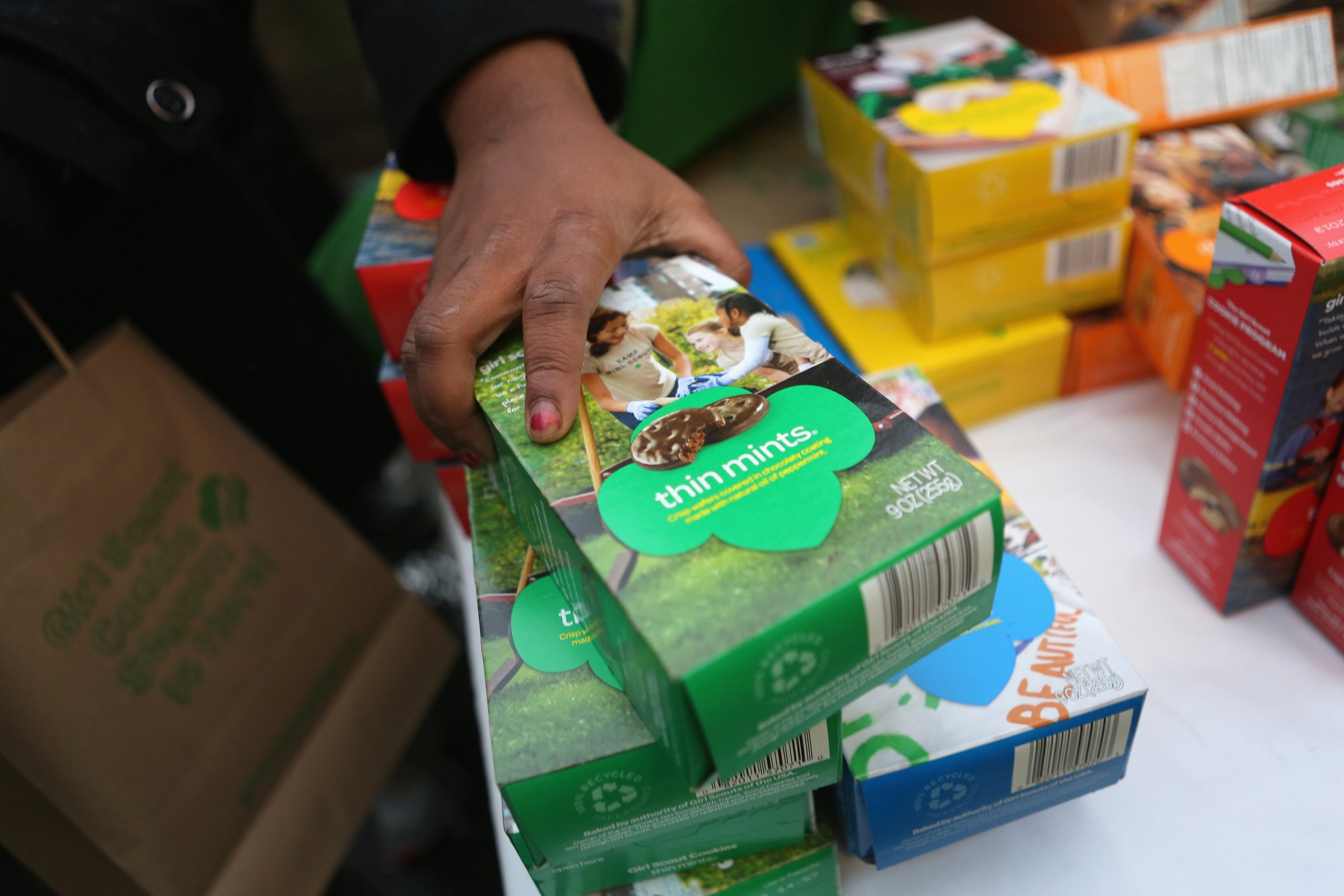 Girl Scouts sell cookies as a winter storm moves in on February 8, 2013 in New York City.